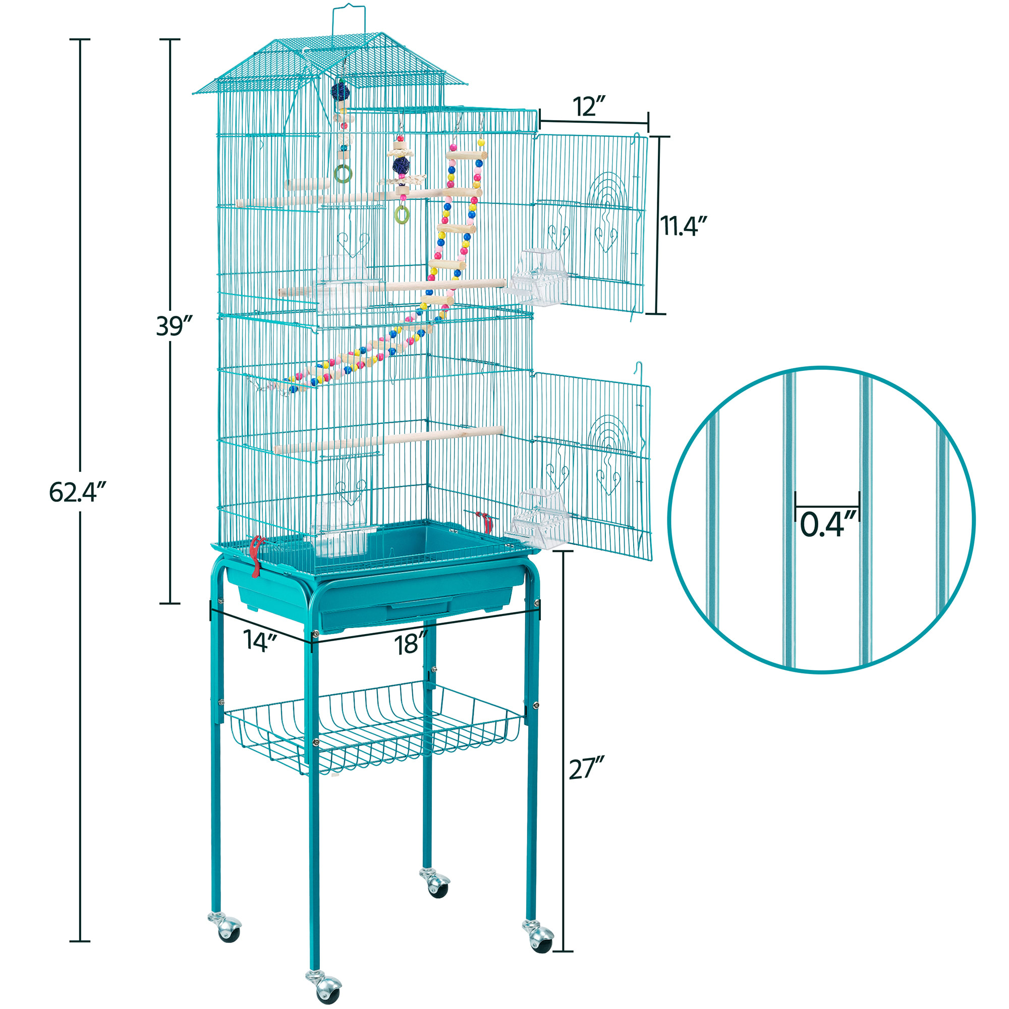 Topeakmart Teal Blue Metal Bird Cage with Ladder Toy and Rolling Detachable Stand， 62.4 H