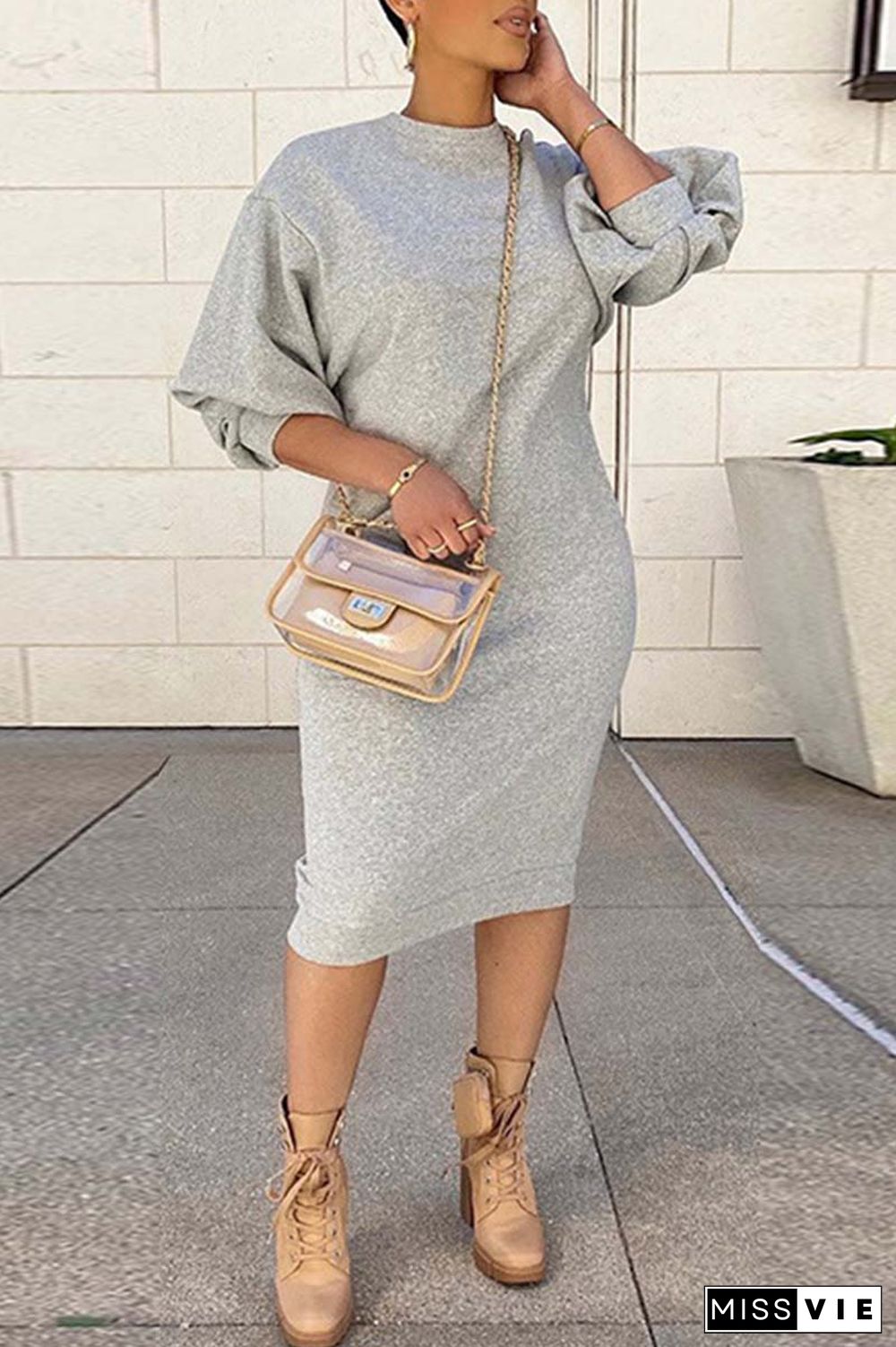 Red Casual Solid Basic O Neck Long Sleeve Dresses