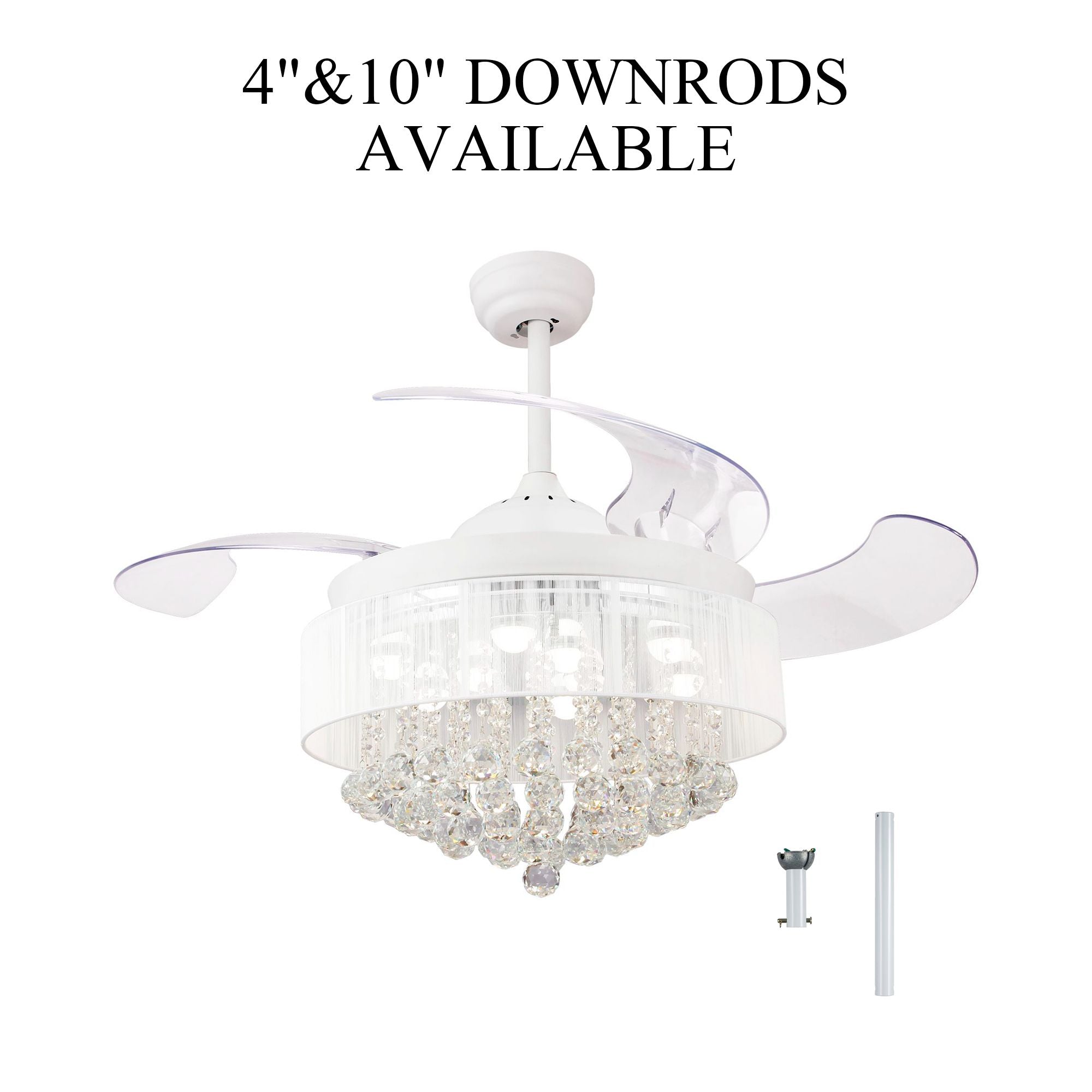 Retractable Crystal Ceiling Fans with Lights and Remote Control Chandelier LED Ceiling Fan， 4000K Cool Lights， White