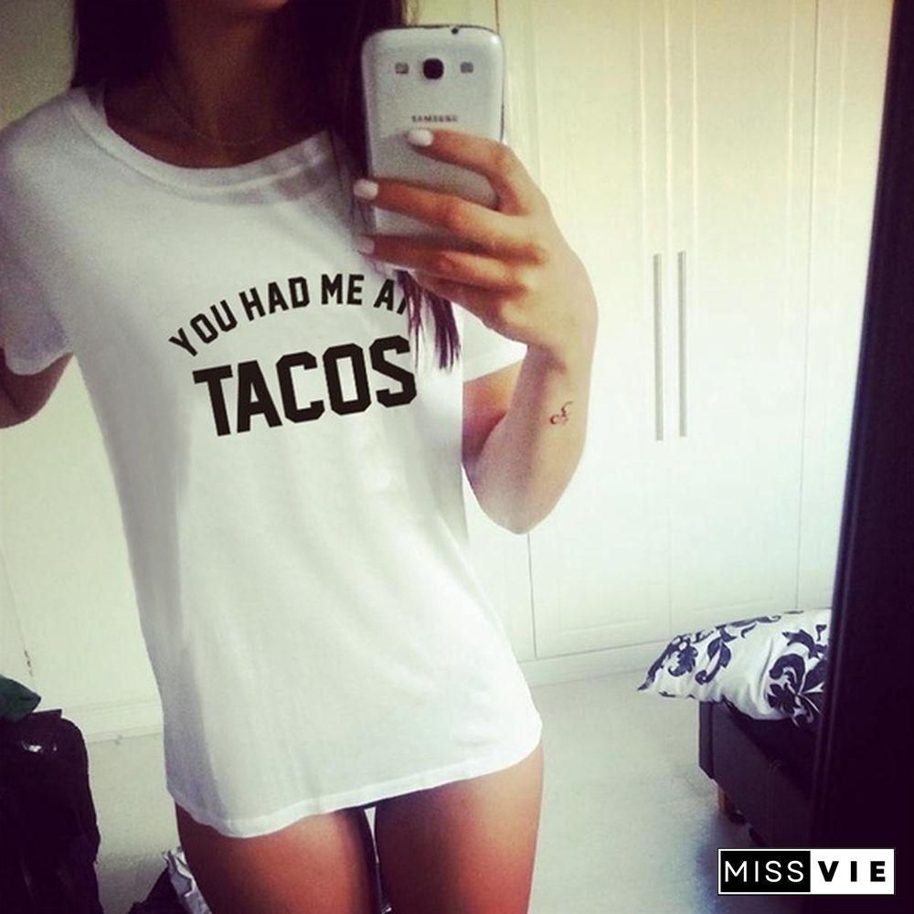 NEW Summer Women Ladies Short Sleeve Casual Loose You Had Me At Tacos Letter Printed T-shirt Top Plus Size