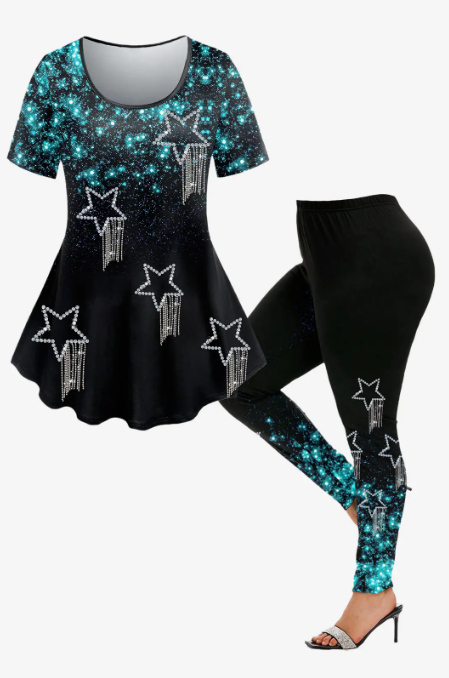 3D Glitter Sparkles Star Printed Tee and 3D Glitter Sparkles Star Leggings Plus Size Outfit