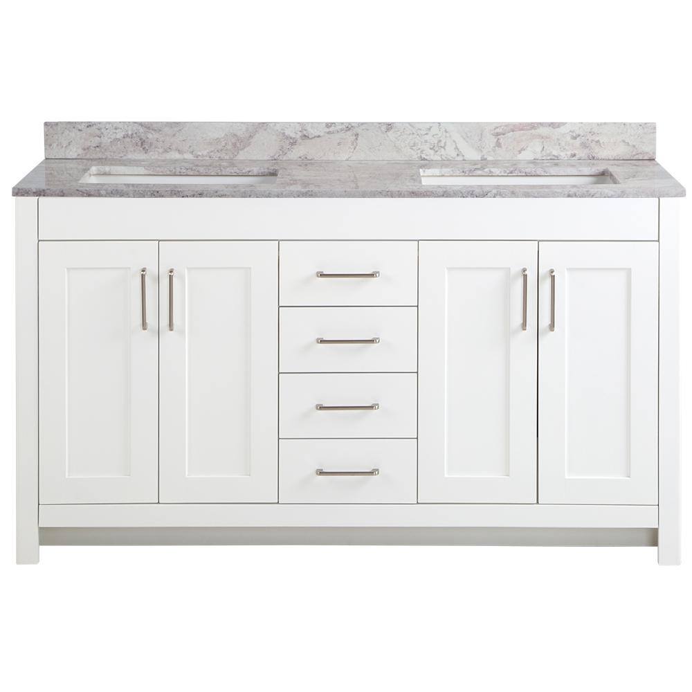 Home Decorators Collection Westcourt 61 in. W x 22 in. D Bath Vanity in White with Stone Effect Vanity Top in Winter Mist with White Sink WT60P2V11-WH