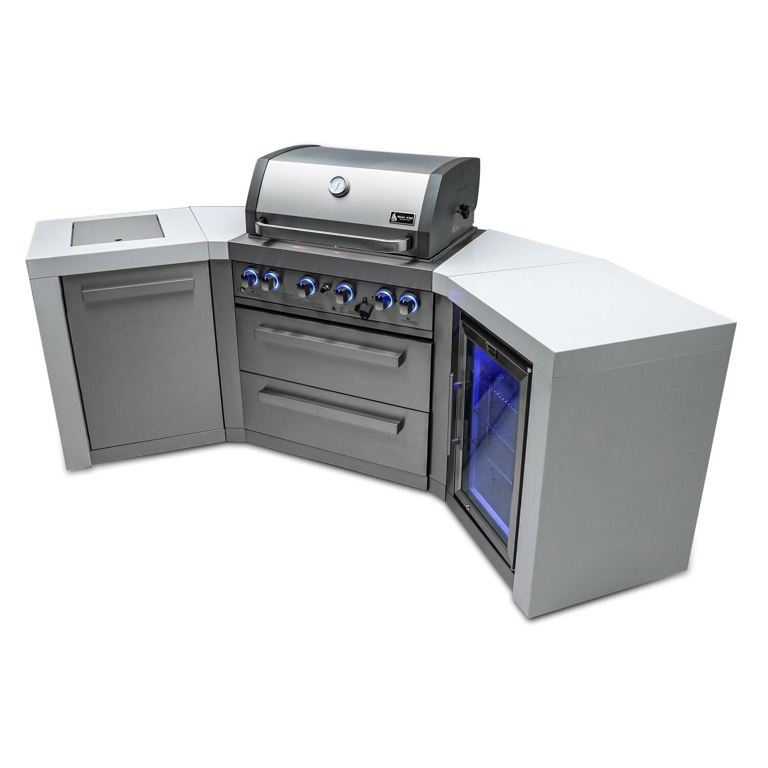 Mont Alpi 400 Deluxe 45 Degree Propane Gas Island Grill W/ Refrigerator Cabinet， Infrared Side Burner， and Rotisserie Kit