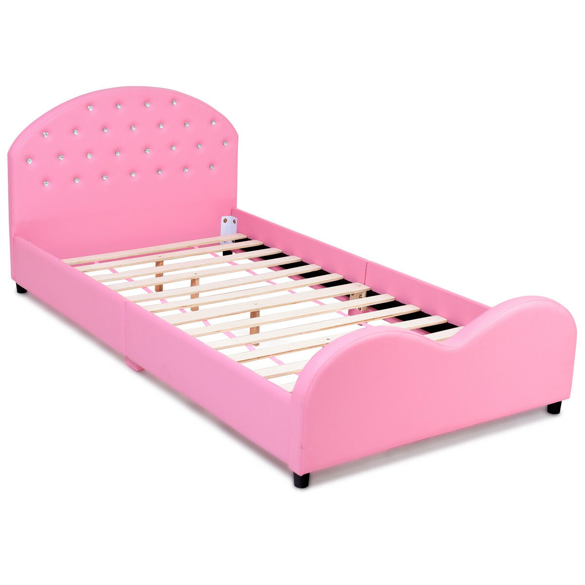 Costway Kids Children PU Upholstered Platform Wooden Princess Bed Bedroom Furniture Pink