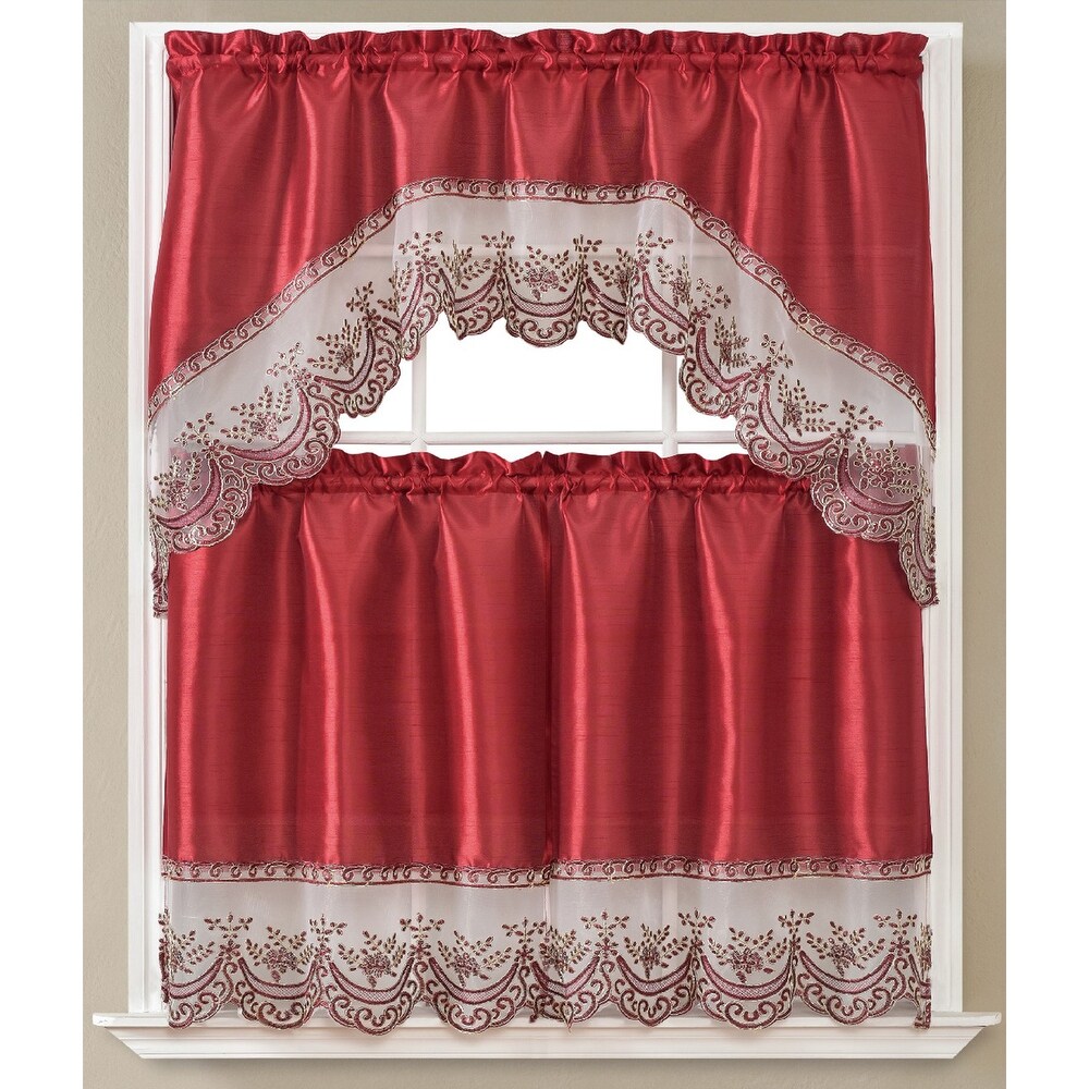 Remi 3 Piece Sequins Embroidery Kitchen Curtain Set with Swag Valance  Tier 30x36  Valance 60x36 Inches