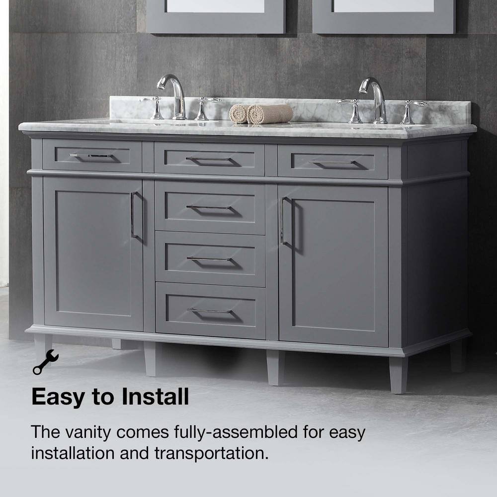 Home Decorators Collection Sonoma 60 in. W x 22 in. D x 34 in H Bath Vanity in Pebble Gray with White Carrara Marble Top 8105300240