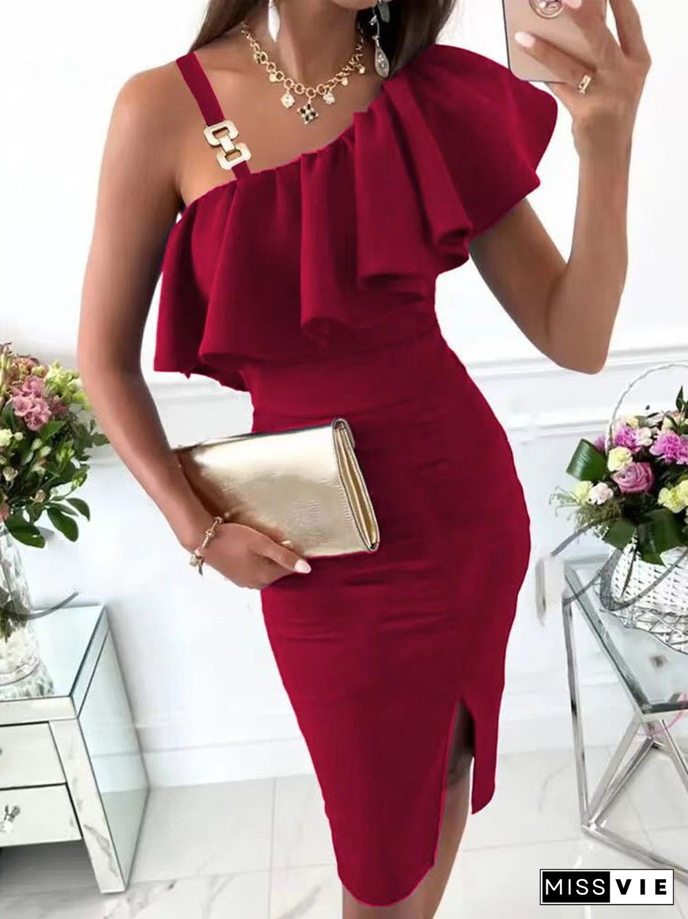 Women'S Dresses Sling Ruffle Slim Fit Slit Dress