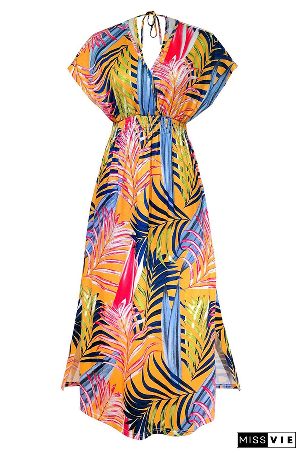 Printed V Neck Smocked Waist Maxi Dress