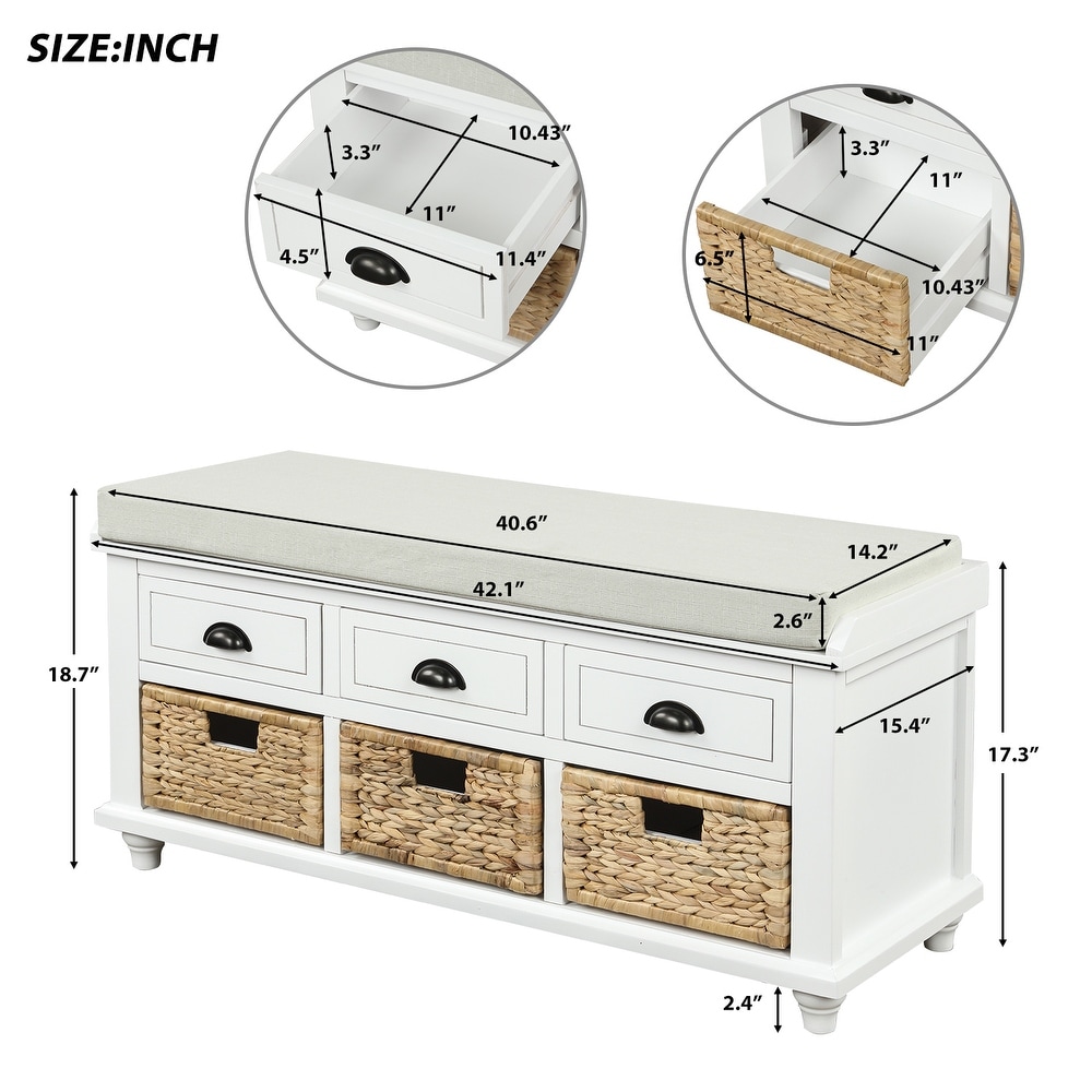 Storage Bench with Drawers and Rattan Baskets Entryway Shoe Bench