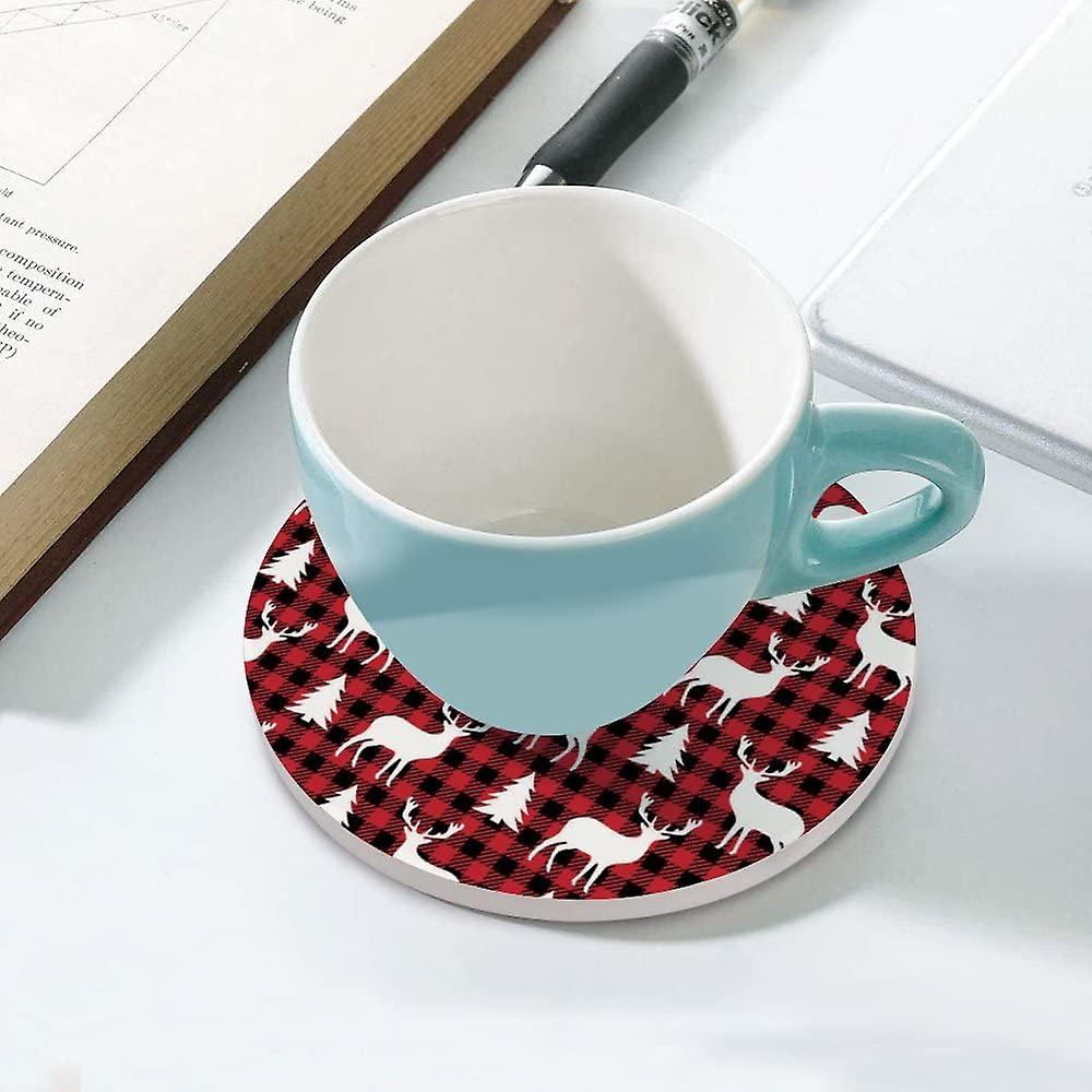 2pcs Round Christmas Deer Tree At Buffalo Plaid Ceramic Coasters With Cork-backed For Coffee Drink Cup Mat Absorbent Stone Coasters