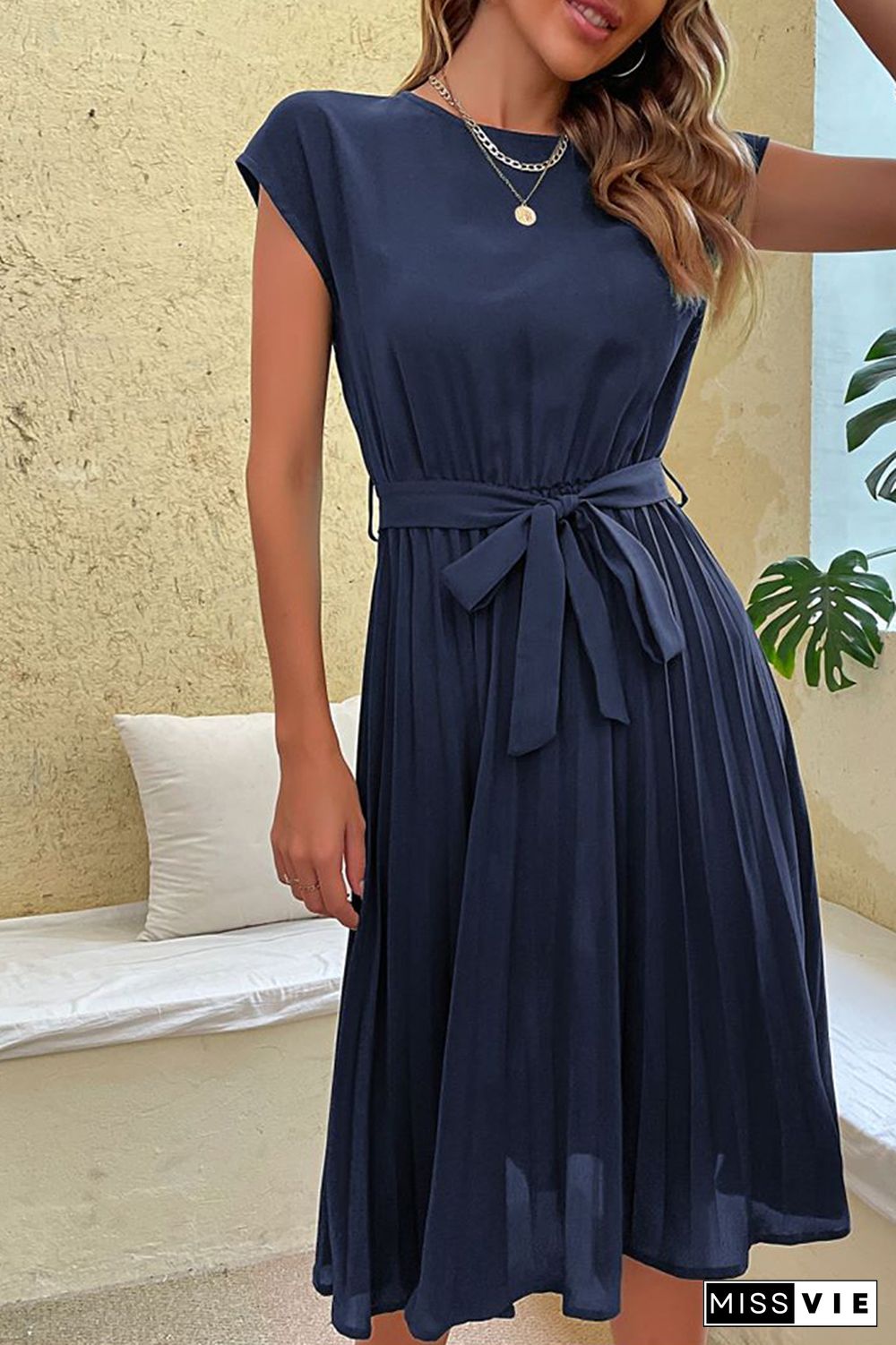 Plain Pleated with Belt Short Sleeves Midi Dress