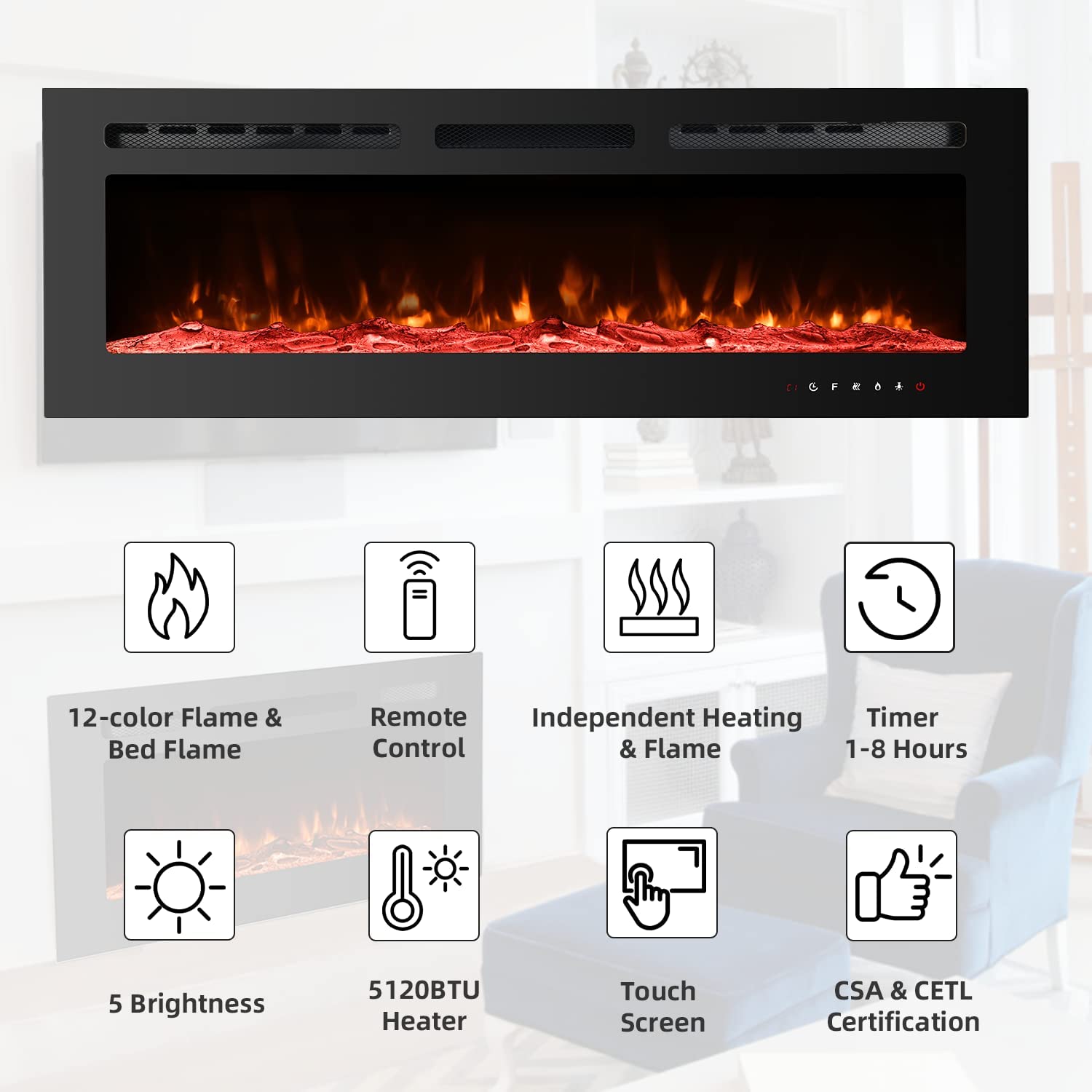 Yoleny 50 inch Electric Fireplace with Free Standing,Wall Mounted Fireplace Insert Heater with Touch Screen Control Panel ,Recessed Electric Fireplace,12 Color LED Flamer, 750/1500W