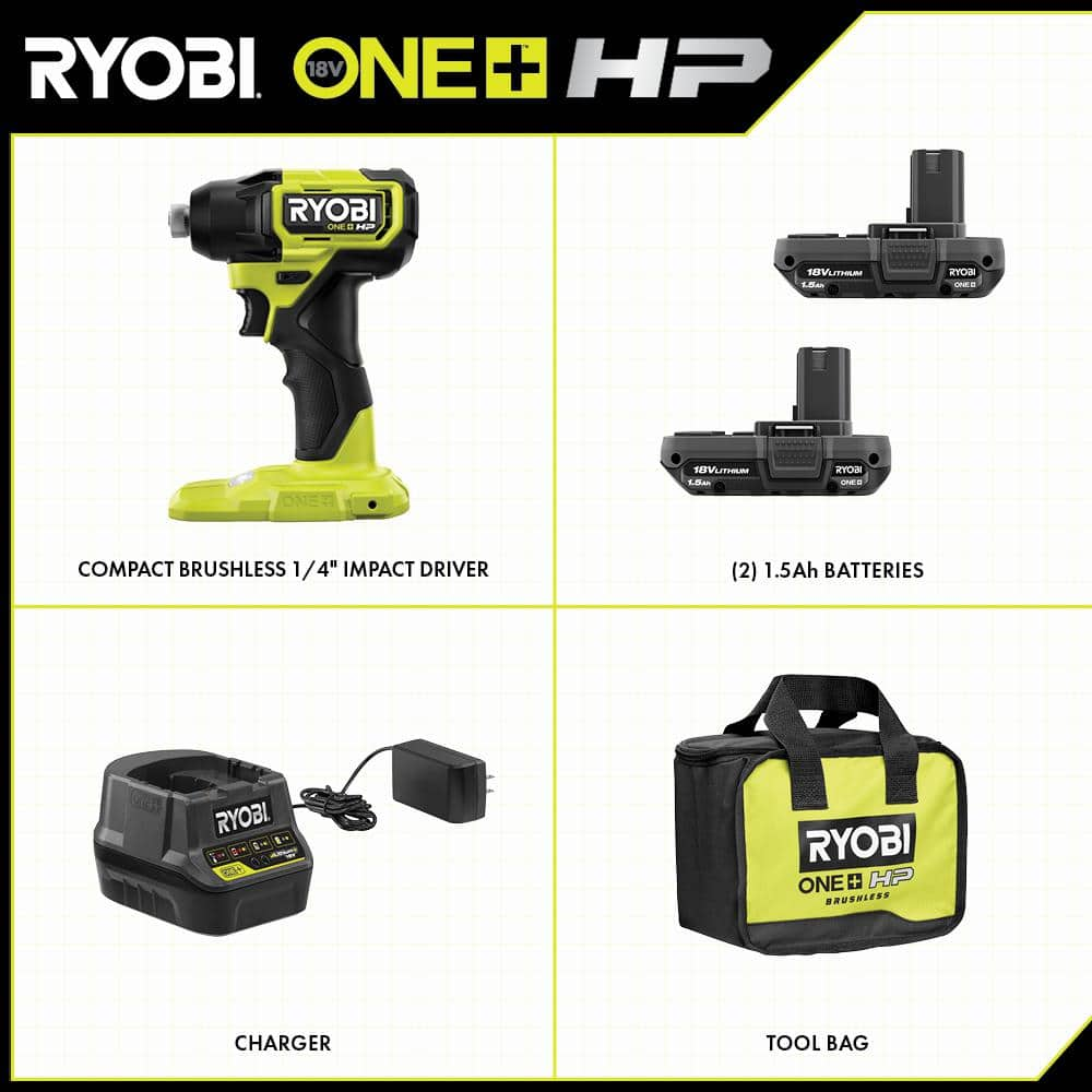 RYOBI ONE+ HP 18V Brushless Cordless Compact 1/4 in. Impact Driver Kit with (2) 1.5 Ah Batteries, Charger and Bag PSBID01K