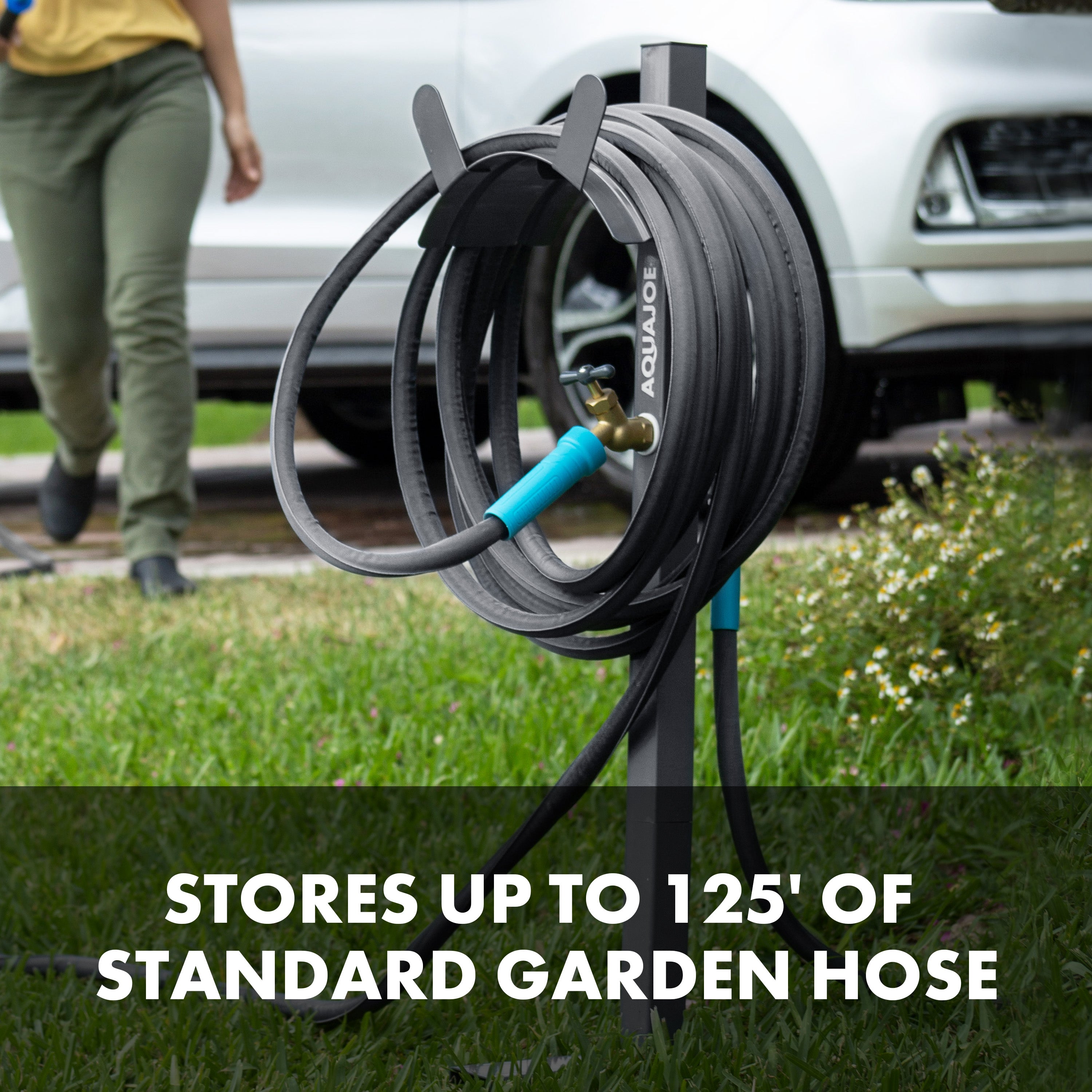 Aqua Joe Garden Hose Stand W/ Brass Faucet and 3-Foot Lead-in Hose