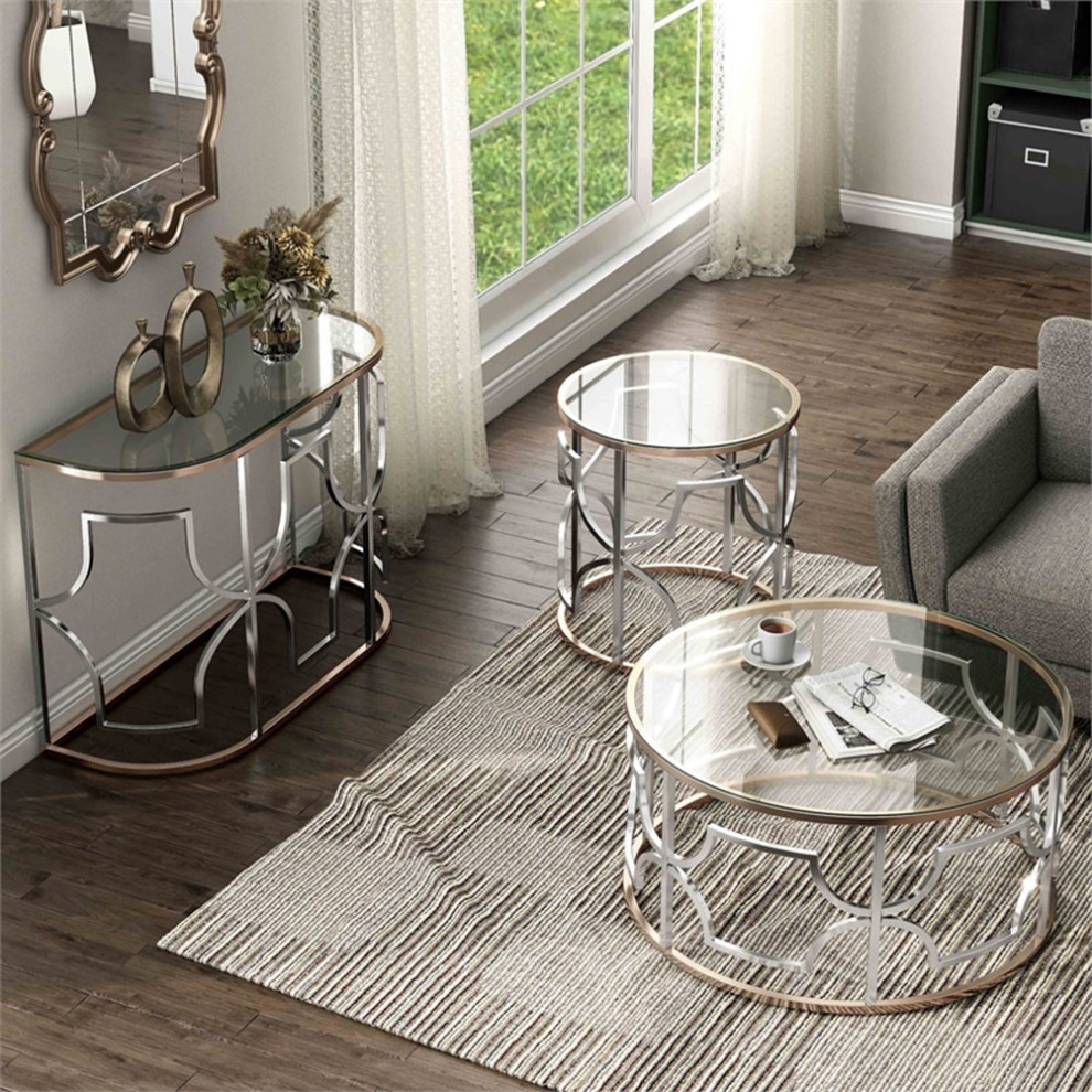 Furniture of America Sol Glass Top 3 Piece Coffee Table Set in Chrome and Gold   Contemporary   Coffee Table Sets   by Homesquare  Houzz