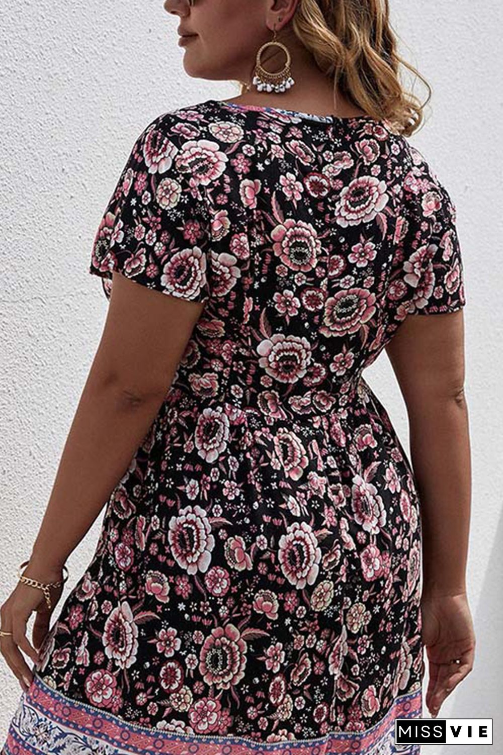 Button Down Floral Print Short Sleeves Plus Size Dress