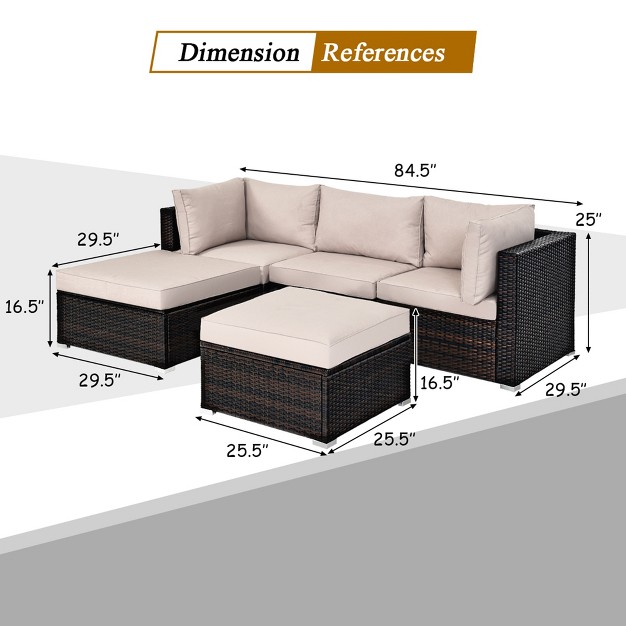 Tangkula 5 piece Outdoor Patio Sectional Rattan Wicker Conversation Sofa Set With Turquoise yellowish Cushions