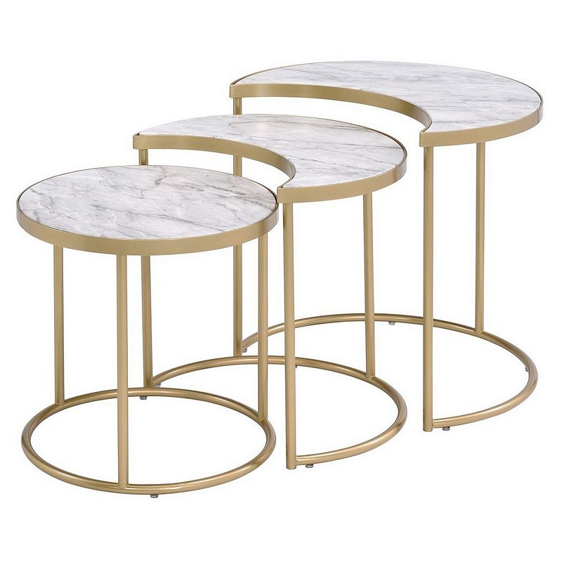 Metal Nesting Coffee Table with Faux Marble Top， Set of 3， Gold and White