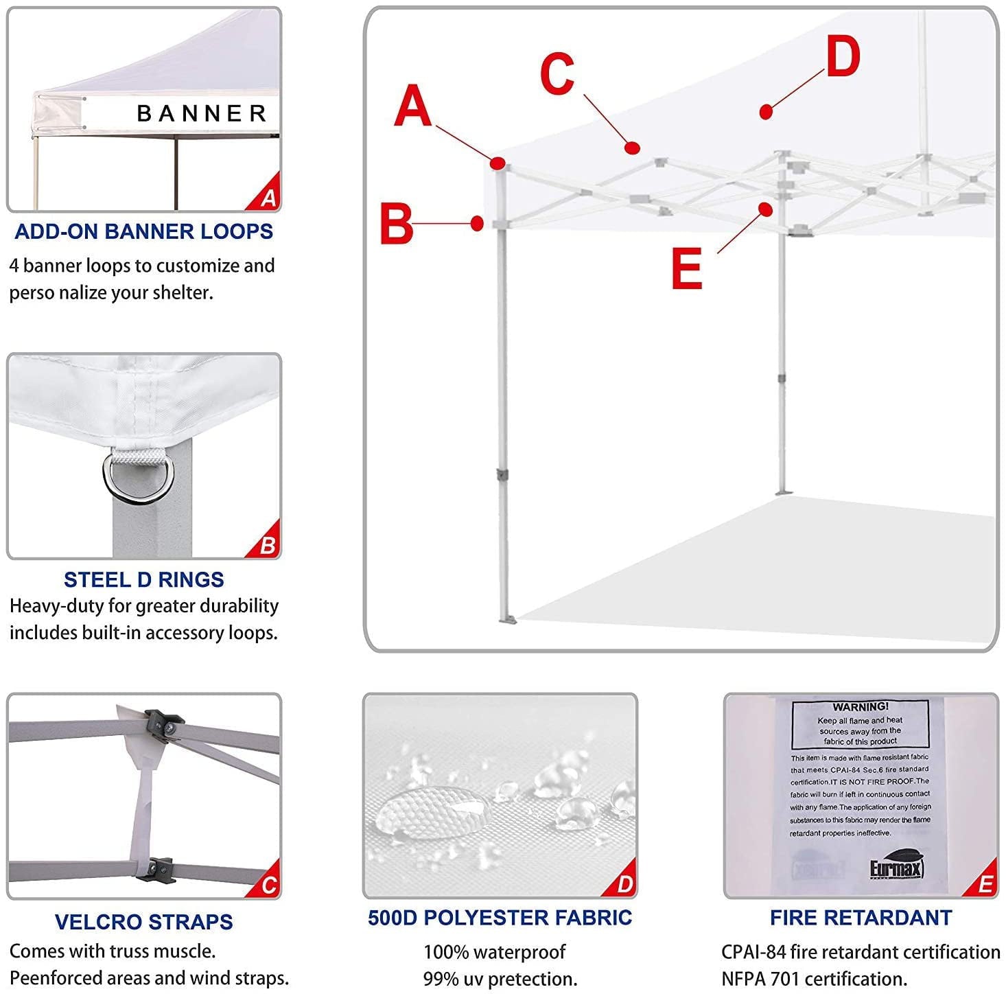 Eurmax Replacement Canopy Tent Top Cover for 10x10 Pop Up Canopy ,Instant Ez Canopy Top Cover ONLY,(White)