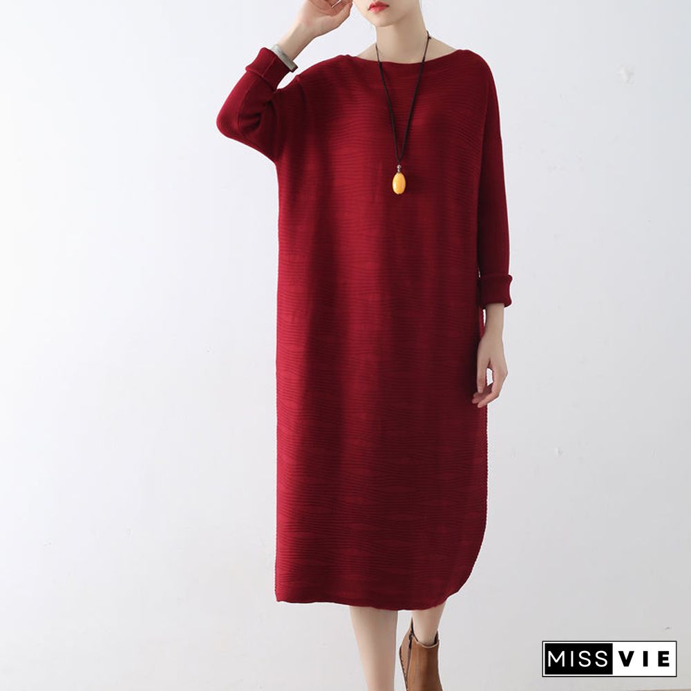 Burgundy wave knit sweater dresses casual long winter dresses cotton sweaters winter