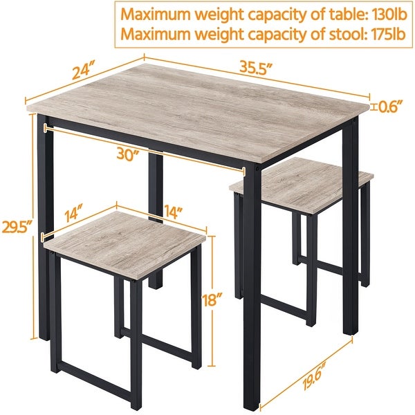 3-Piece Dining Set with Industrial Square Table and 2 Backless Chairs