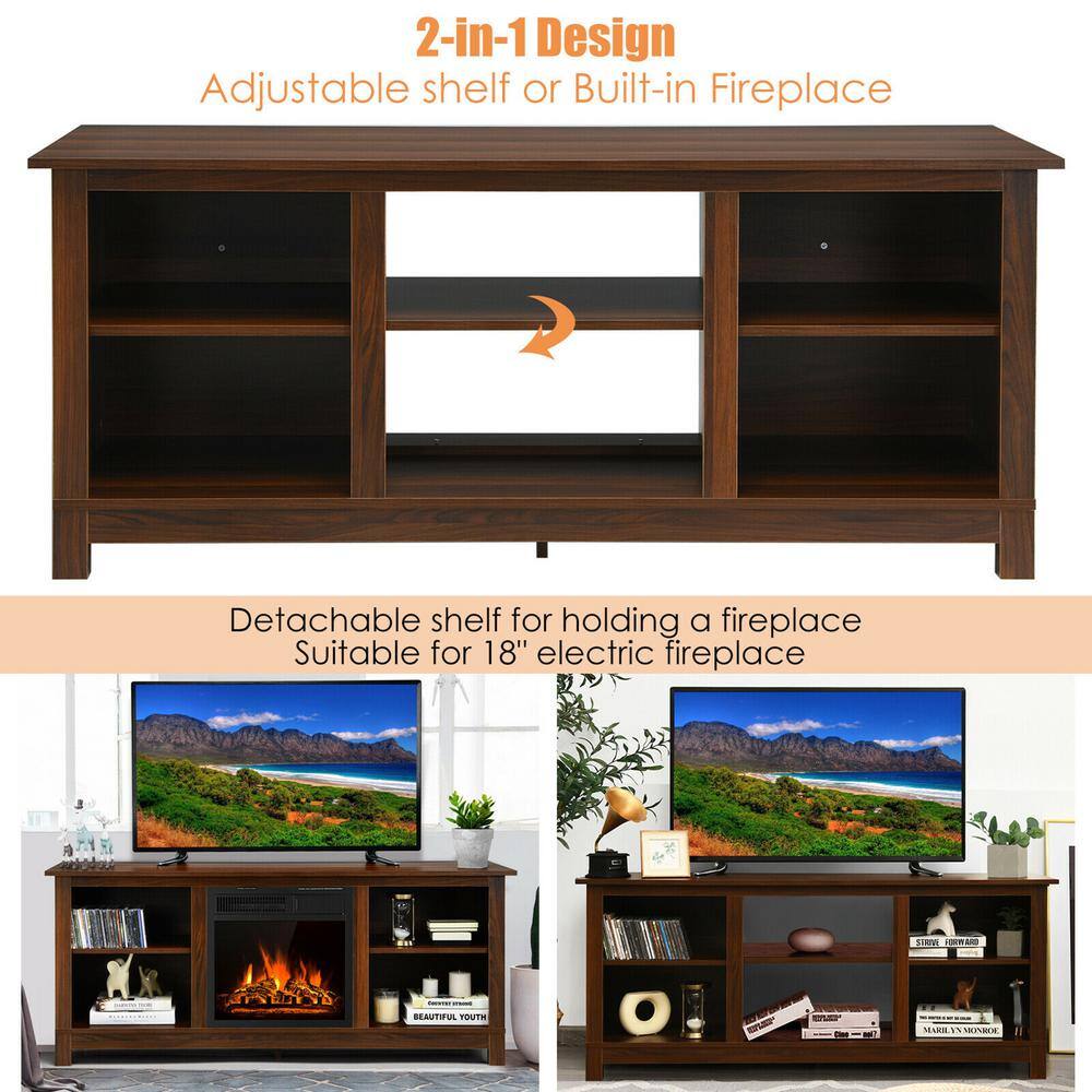 Gymax 58 in. Fireplace TV Stand with 18 in. 1500-Watt Electric Fireplace 65 in. Walnut (2-Tier) GYM06593