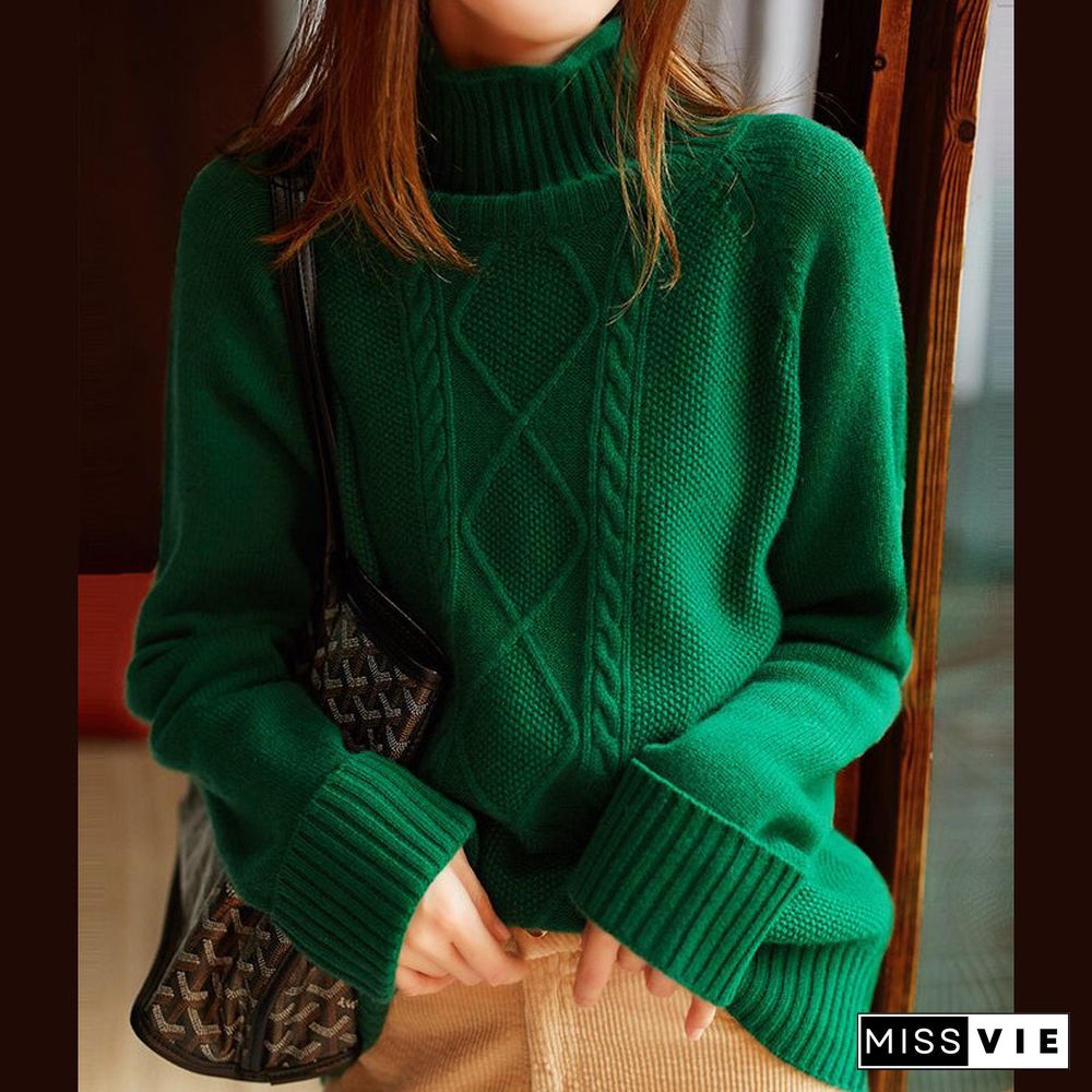 Vintage Green Clothes High Neck Spring Knitted Blouse