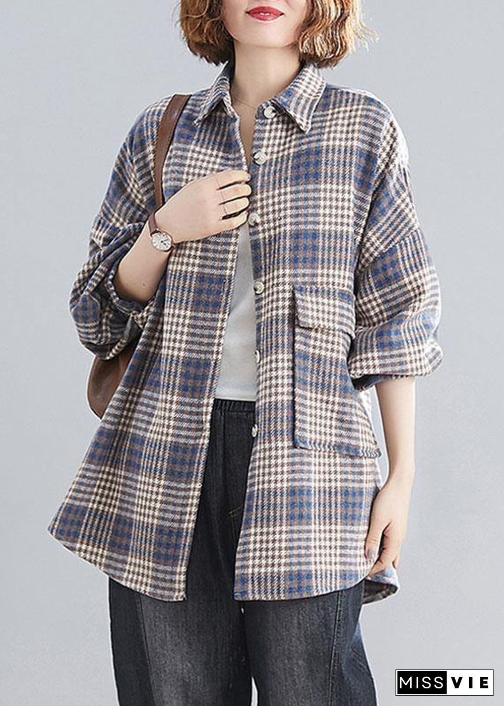 Natural blue plaid linen Blouse Fashion Ideas lapel Batwing Sleeve tops