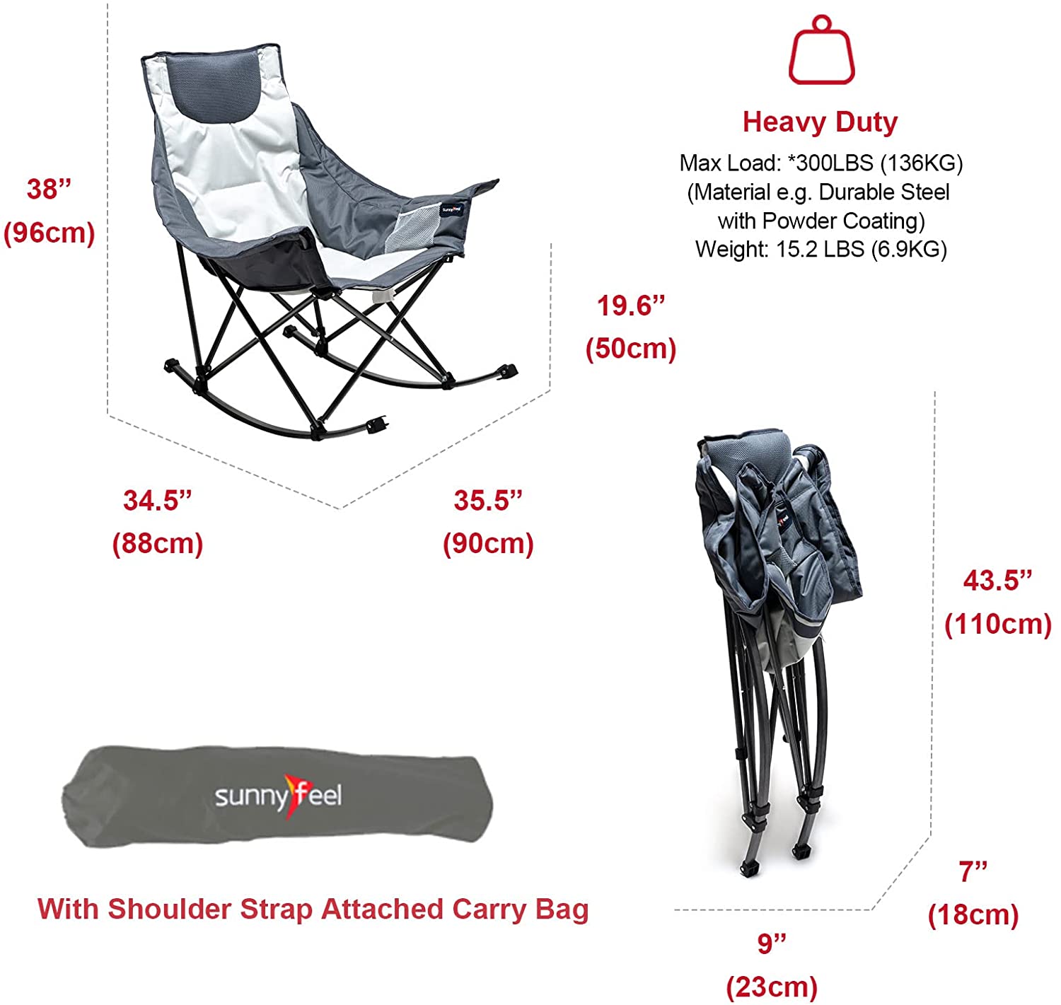 Sunnyfeel Camping Rocking Chair for Adults, Luxury Padded Recliner, Oversized Folding Rocker Lawn Chair (Light Gray)