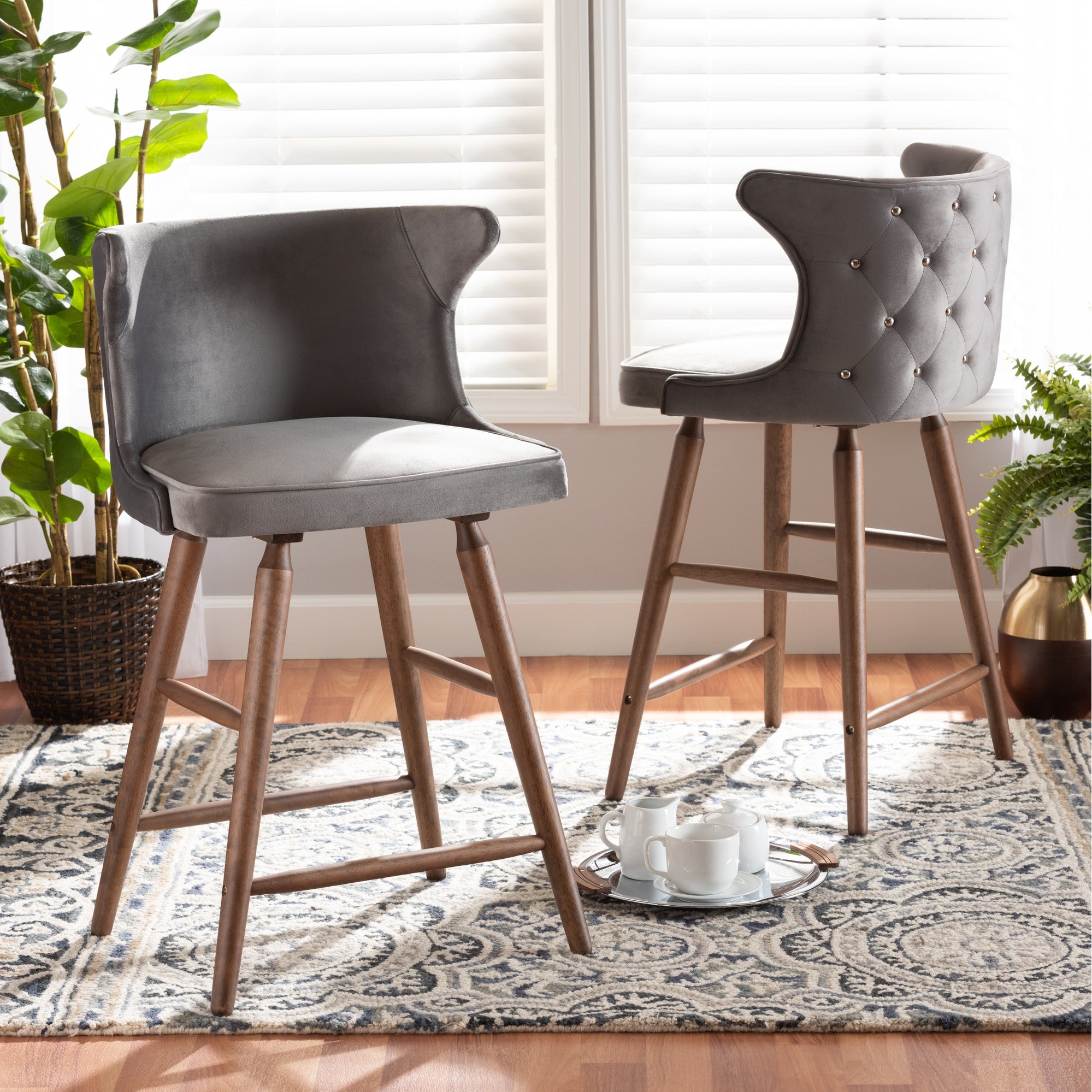 Sagira Modern Velvet Fabric and Walnut Finished 2-PC Counter Stool Set