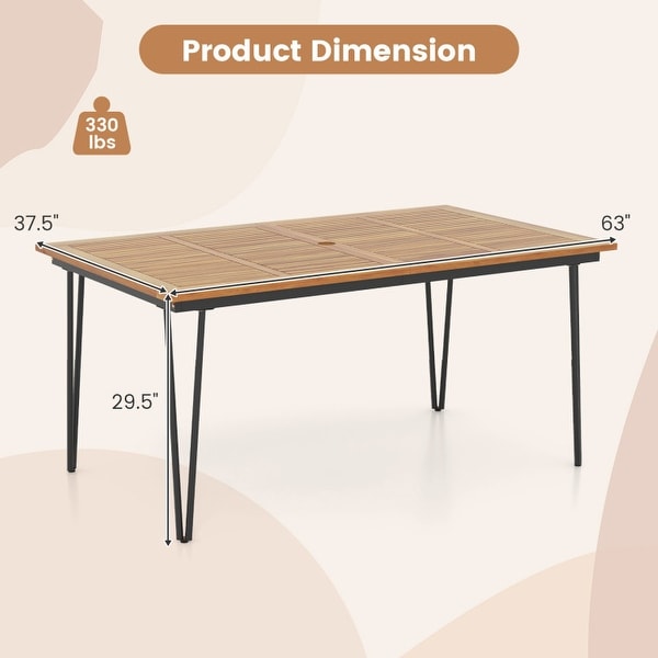 Rectangular Patio Dining Table for 8 with Acacia Wood Tabletop and Umbrella Hole