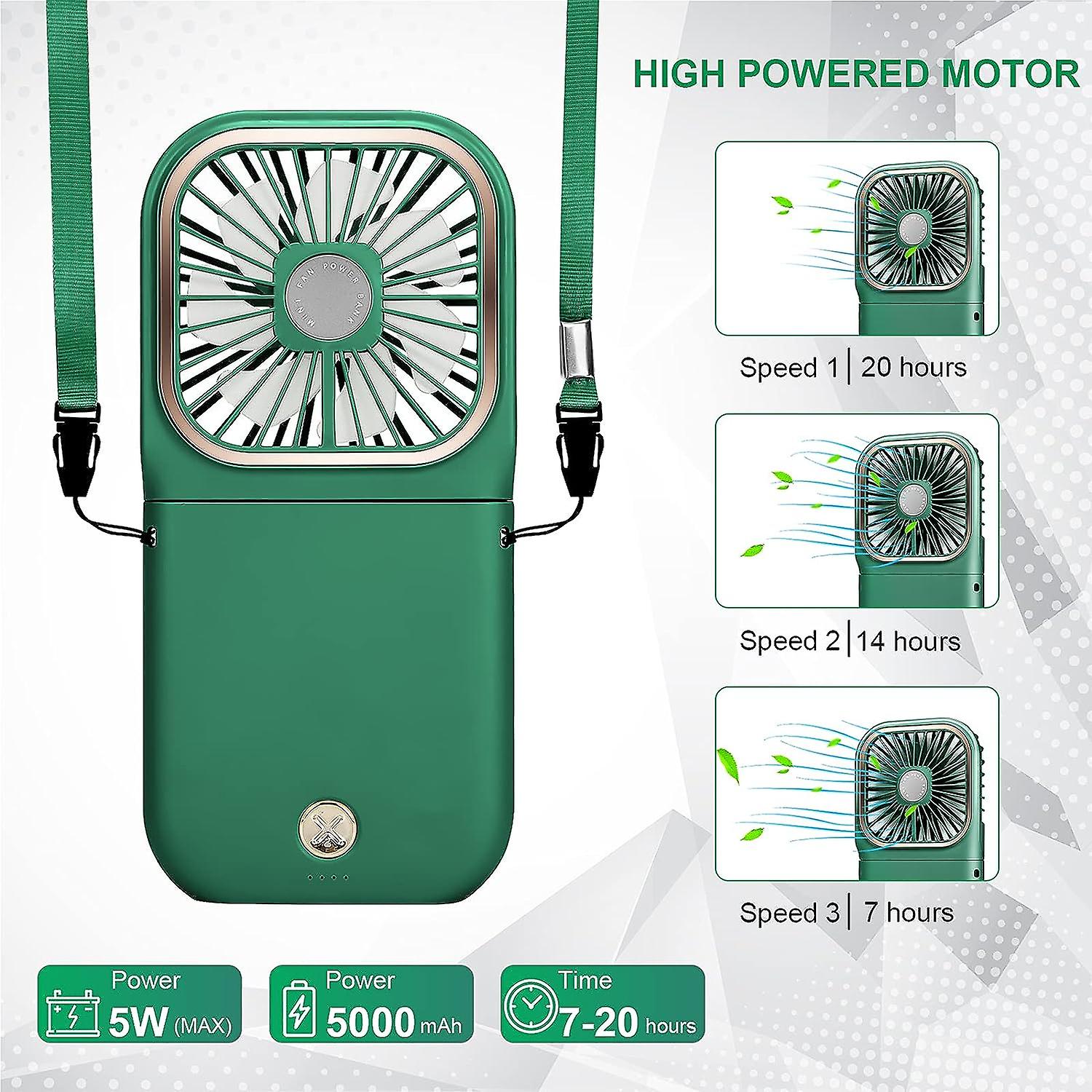 Usb Fan Mini Fan Quiet Hanging Hand Fan， Usb Rechargeable With 3 Speeds， Foldable And Portable Fan For Home， Office And Travel (green)