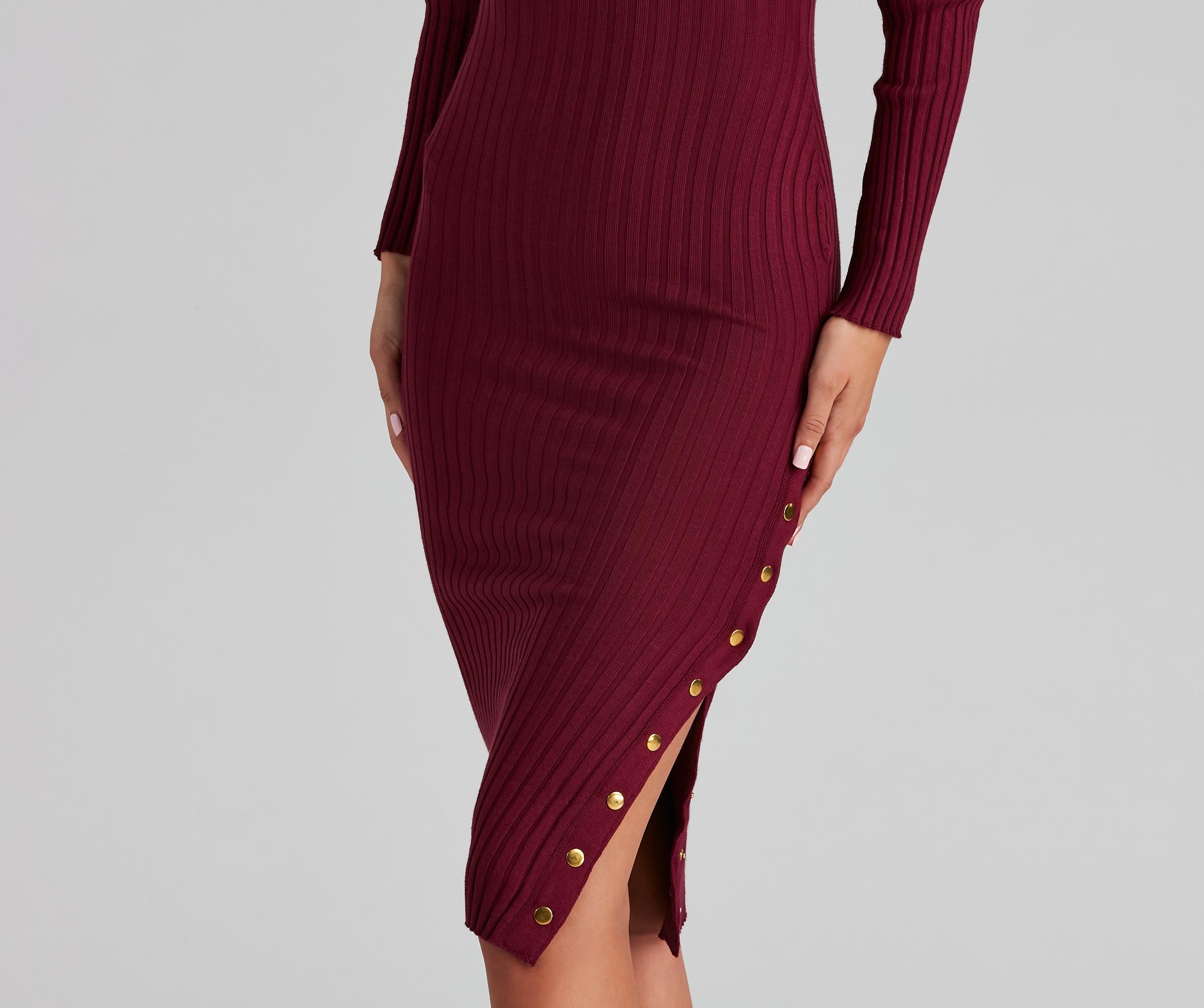 Oh Snap Mock Neck Ribbed Midi Dress