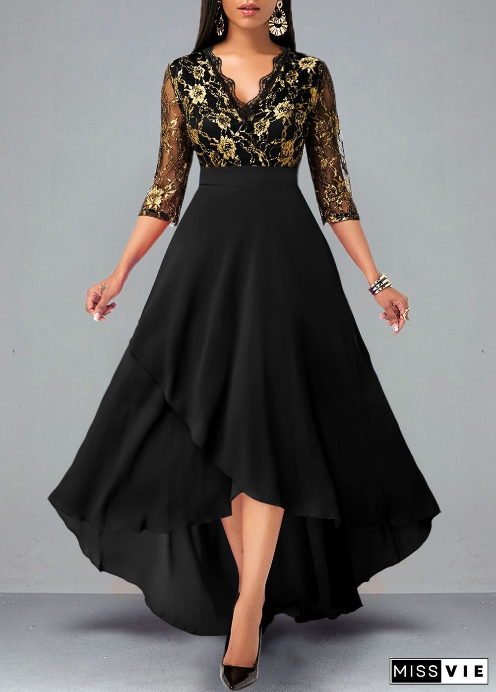 Floral Lace Patchwork High Low Black Dress