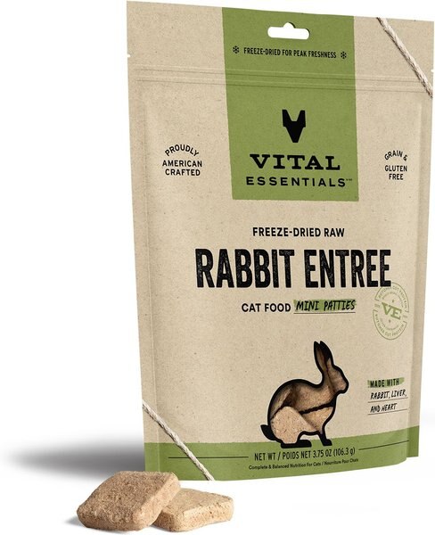 Vital Essentials Rabbit Entree Cat Food Mini Patties Grain-Free Freeze-Dried Raw Cat Food， 3.75-oz bag