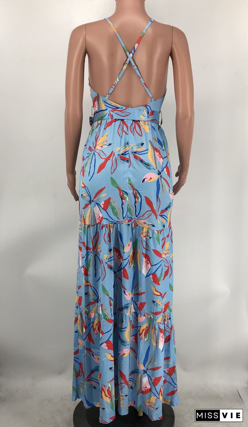 Sexy Floral Print Spaghetti Strap Backless Maxi Dress