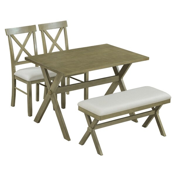 4 Pieces Farmhouse Rustic Wood Kitchen Dining Table Set with Upholstered 2 X-back Chairs and Bench