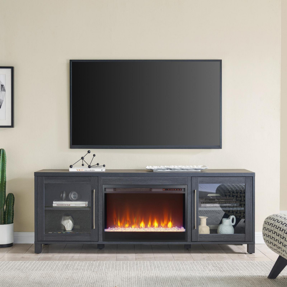 Modern TV Console  Elegant Design With Glass Doors and Fireplace  Charcoal Gray   Transitional   Entertainment Centers And Tv Stands   by Declusia  Houzz