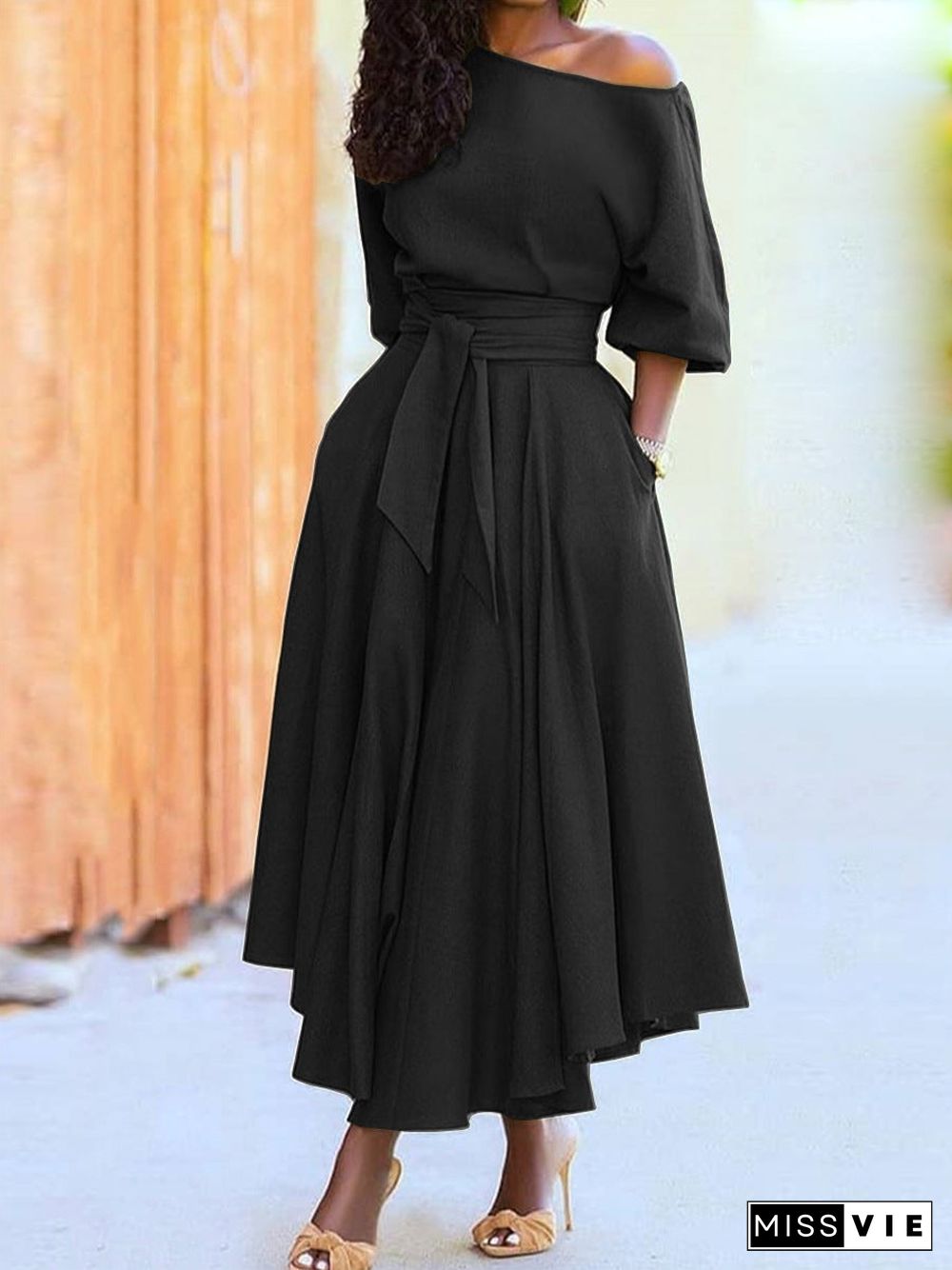 Diagonal Shoulder Collar Strap Waist Closing Temperament Solid Dress