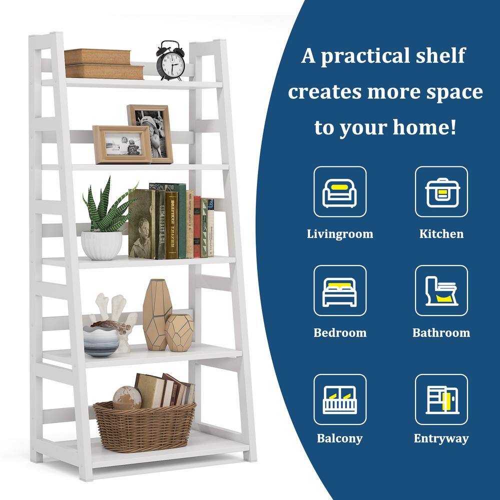 BYBLIGHT 56.5 in. White Wood 5-Shelf Ladder Bookcase Modern Bookshelf with 5-Tier Shelves BB-C0262GX