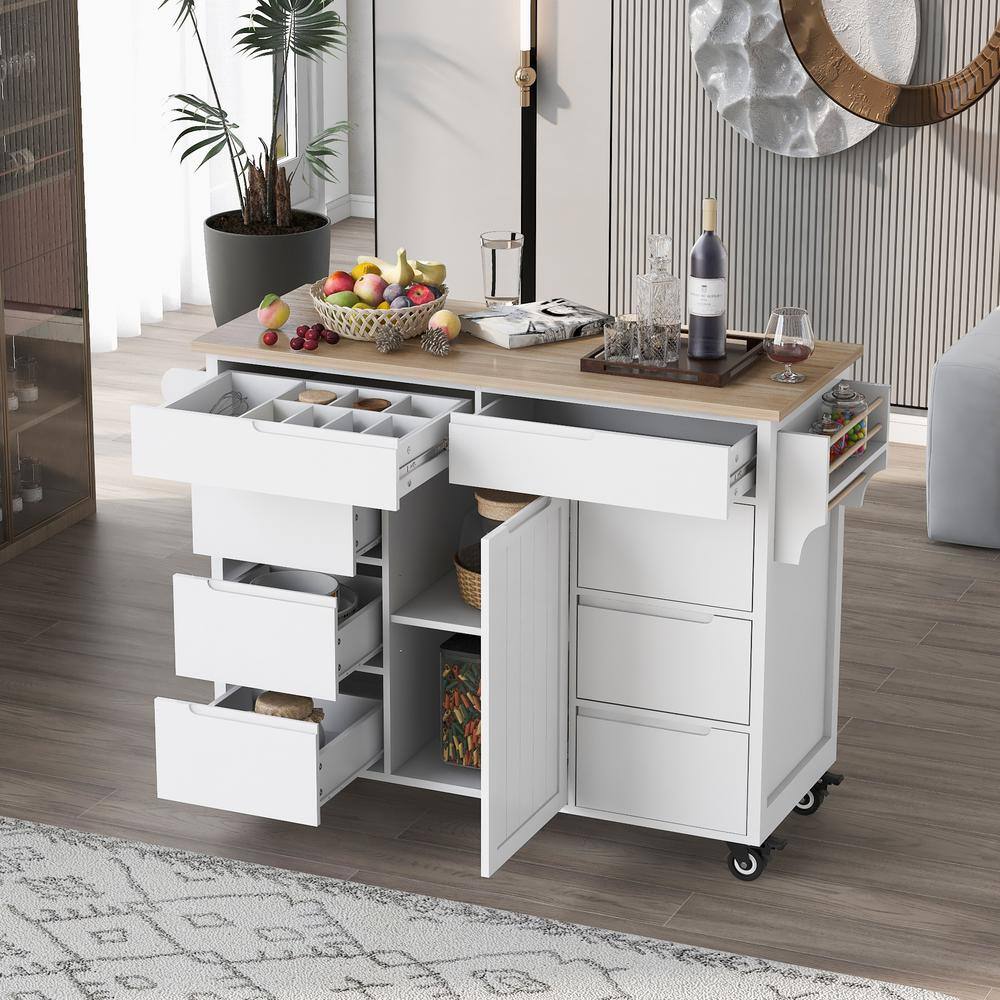 White Wood 53.1 in. Kitchen Island with 8 Handle-Free Drawers and 5 Wheels for Kitchen Dinning Room LH-950