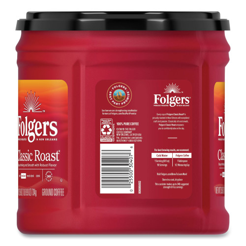 Folgers Coffee， Classic Roast， Ground， 25.9 oz Canister， 6/Carton (20421CT)