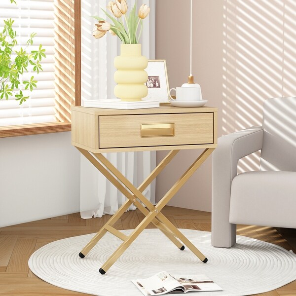 Contemporary Yellow Wood Side Table with Drawer and Wooden XLegs