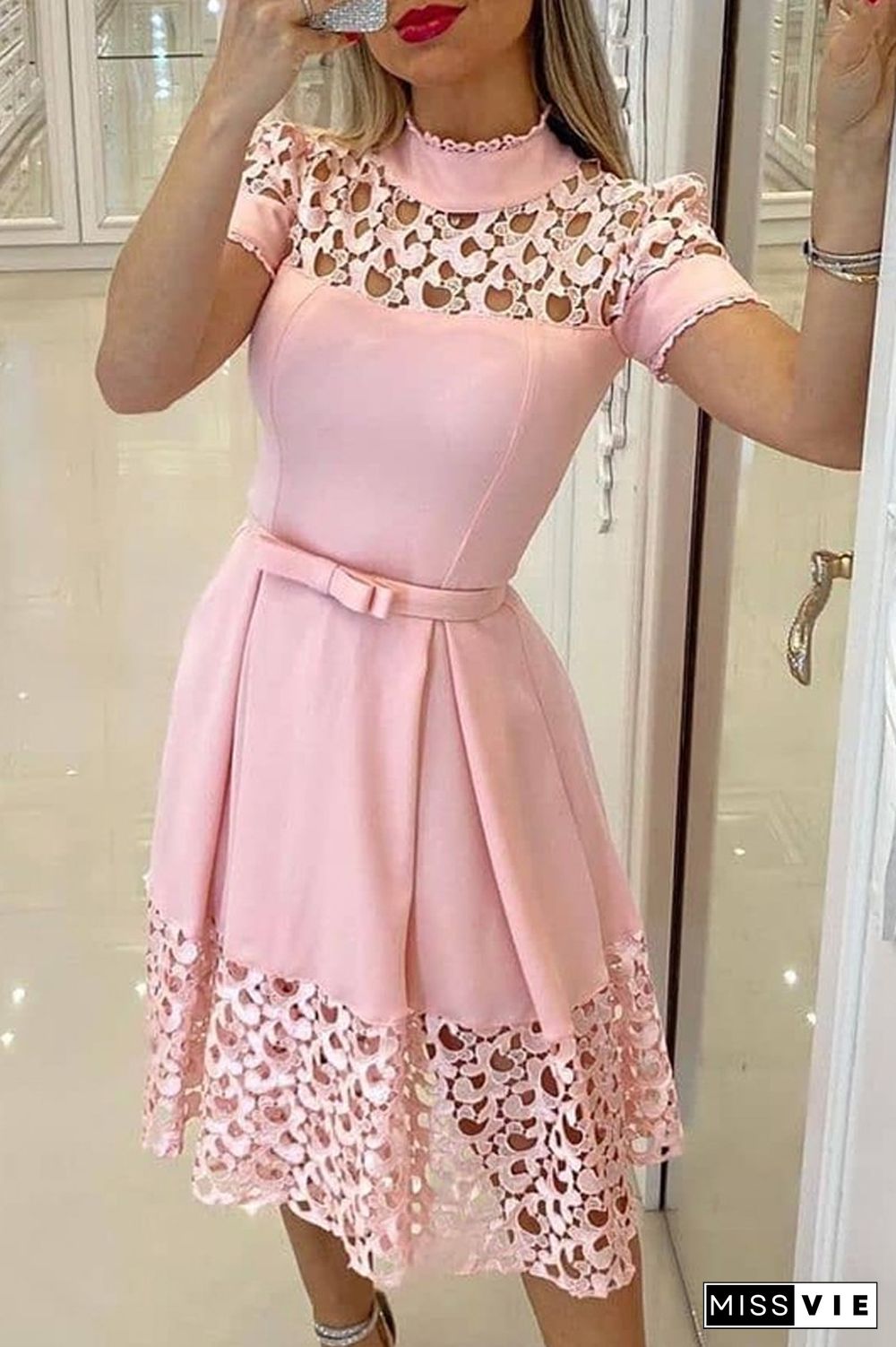 Cut-Out Patchwork Short Sleeve Dress