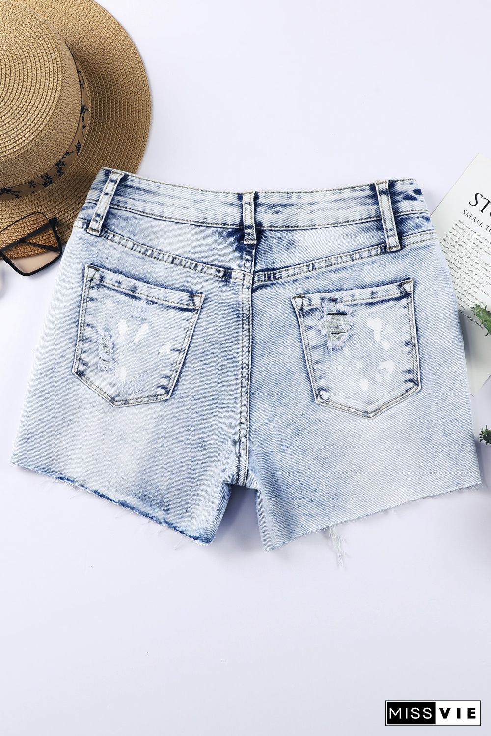 Sky Blue Distressed Bleached Denim Shorts