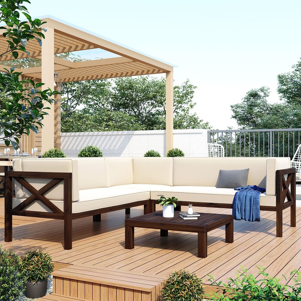 Outdoor Wood Patio Backyard 4 Piece Sectional Seating Group with Cushions and Table X Back Sofa Set for Small Places