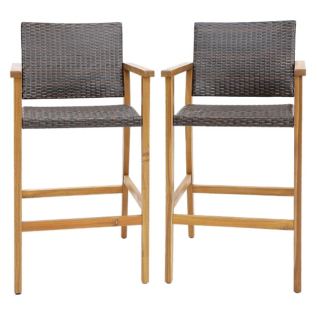 Tangkula Patio Rattan Bar Stool Set Of 2 Outdoor Pe Wicker Bar Chairs W Armrests amp Sturdy Footrests