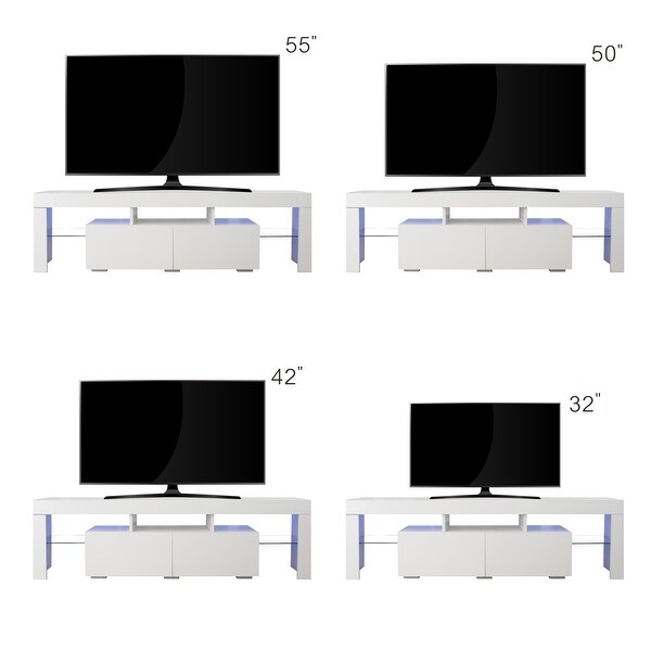 63''L Remote Control RGB LED Lights White TV Stand with 2 Storage Drawers， 3 Wood Shelf and 2 Side Glass Shelf (up to 70'')