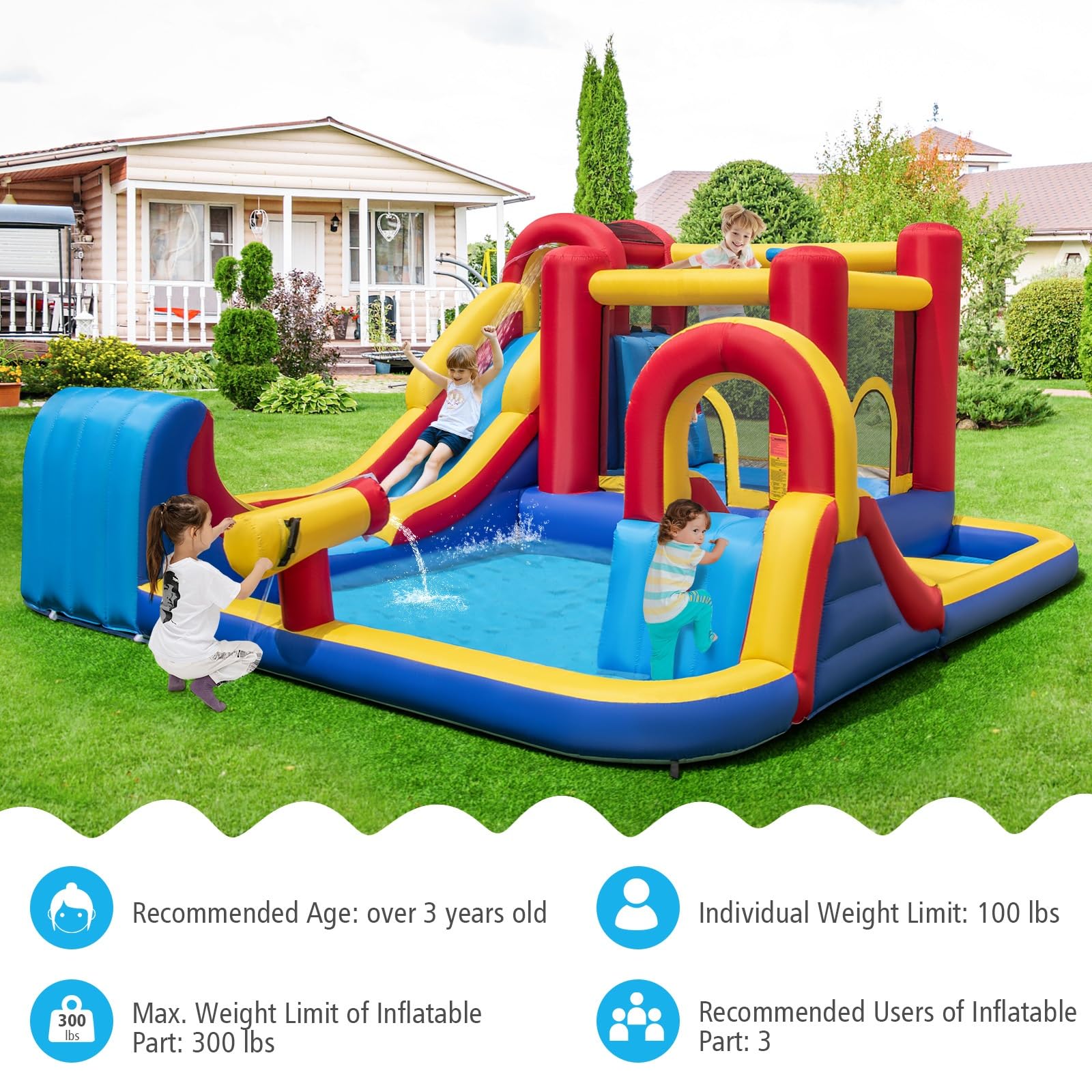 BOUNTECH Inflatable Water Slide, 7 in 1 Mega Waterslide Park Bounce House for Outdoor Fun w/Long Slide