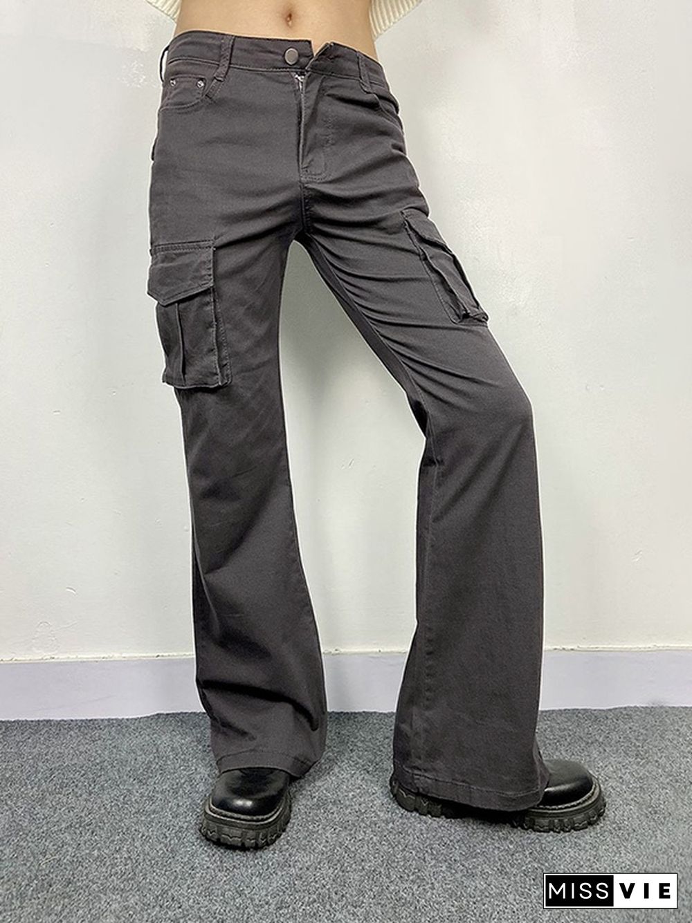 Flap Pocket High Elasticity Flare Cargo Pants